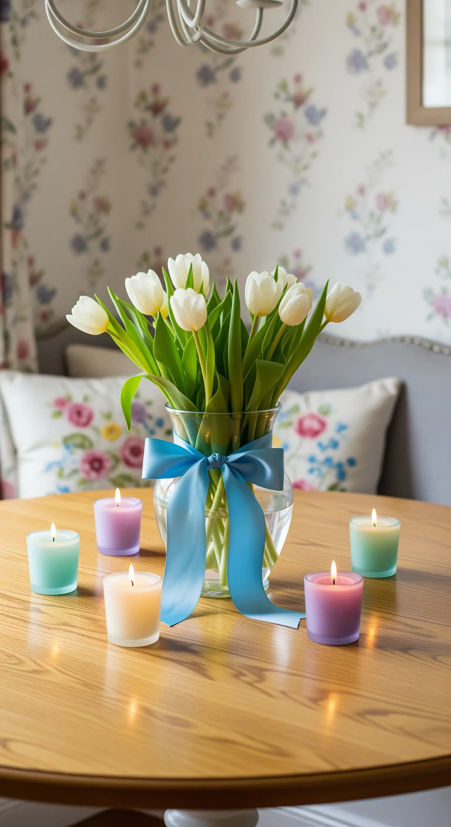 Weiße Tulpen in Vase mit blauem Band, pastellfarbene Votivkerzen auf Holztisch