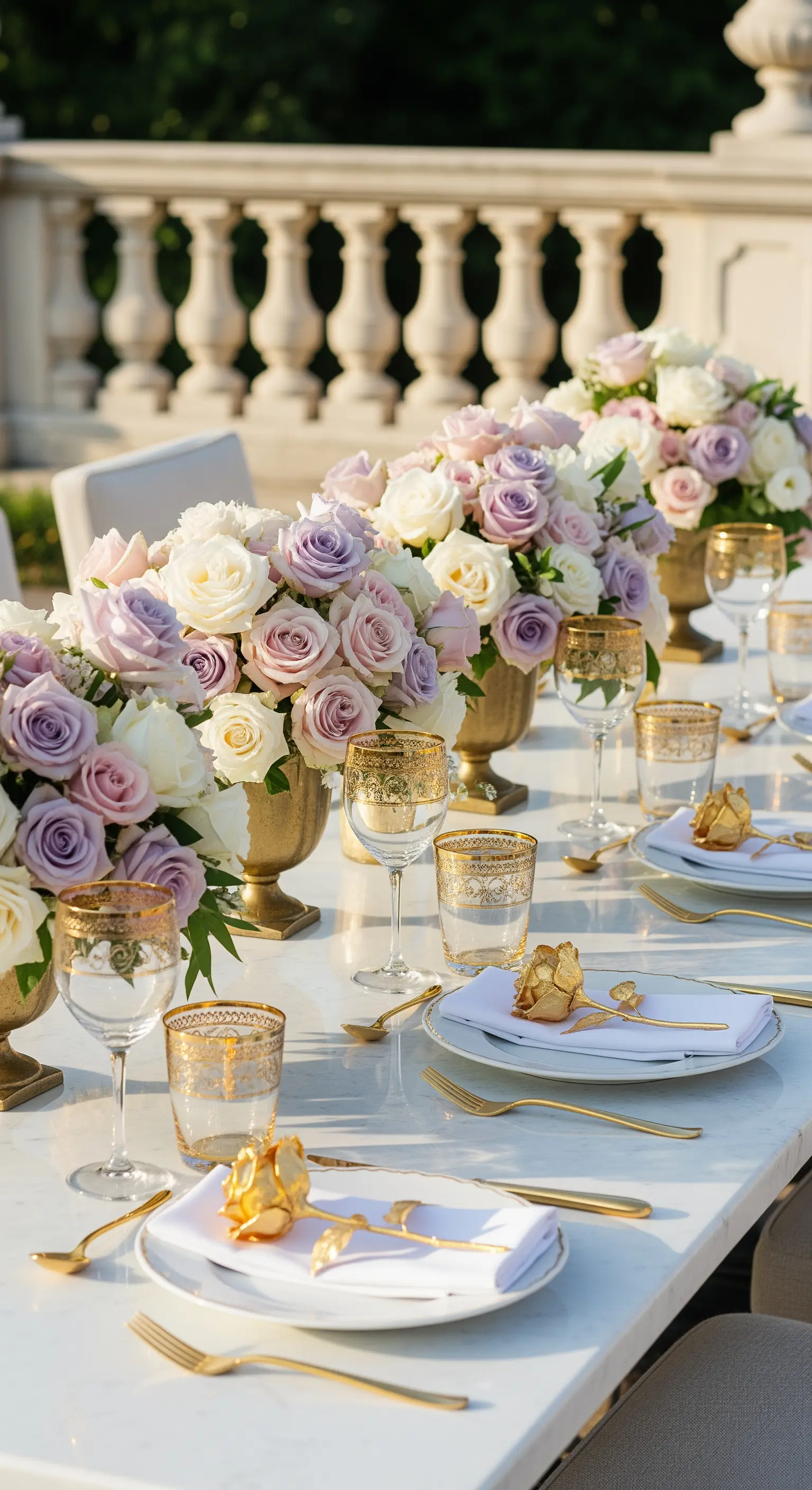 Marmortisch mit Pastellrosen in Goldvasen, goldgeränderten Gläsern und Besteck.