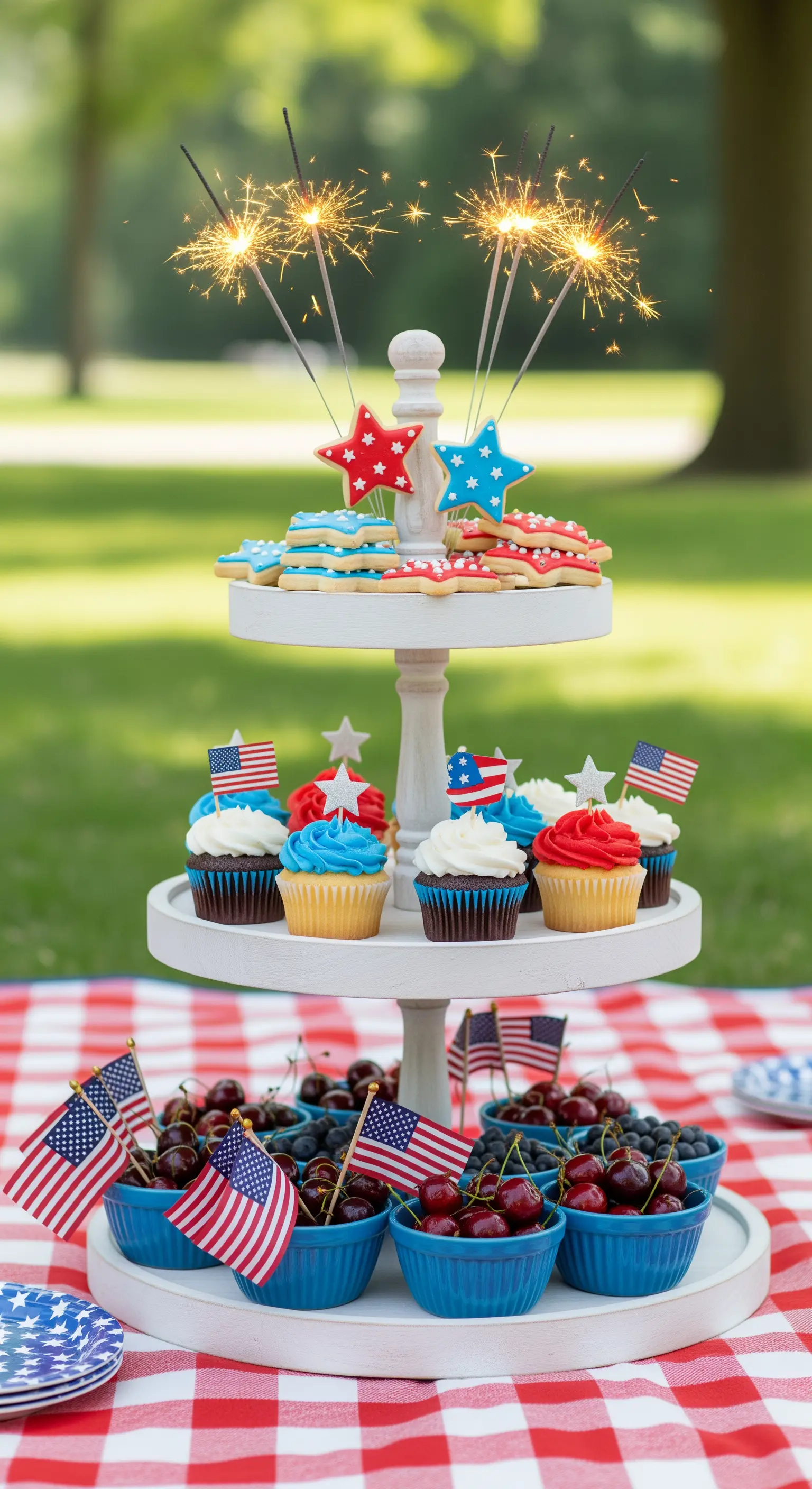 Festliche Etagere zum 4. Juli in Rot, Weiß und Blau mit Cupcakes und Wunderkerzen.