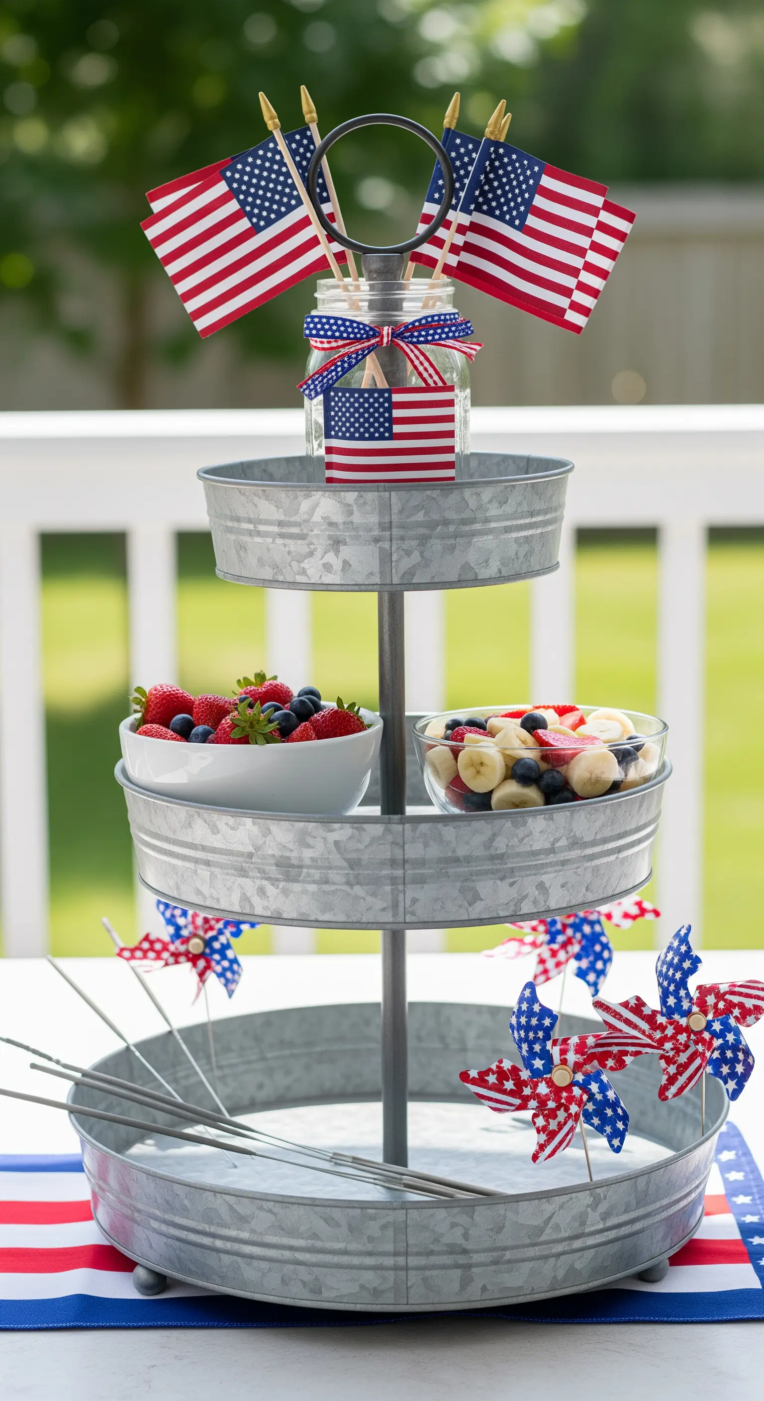 Verzinkte Etagere für eine Sommerparty mit amerikanischen Flaggen und Obstsalat