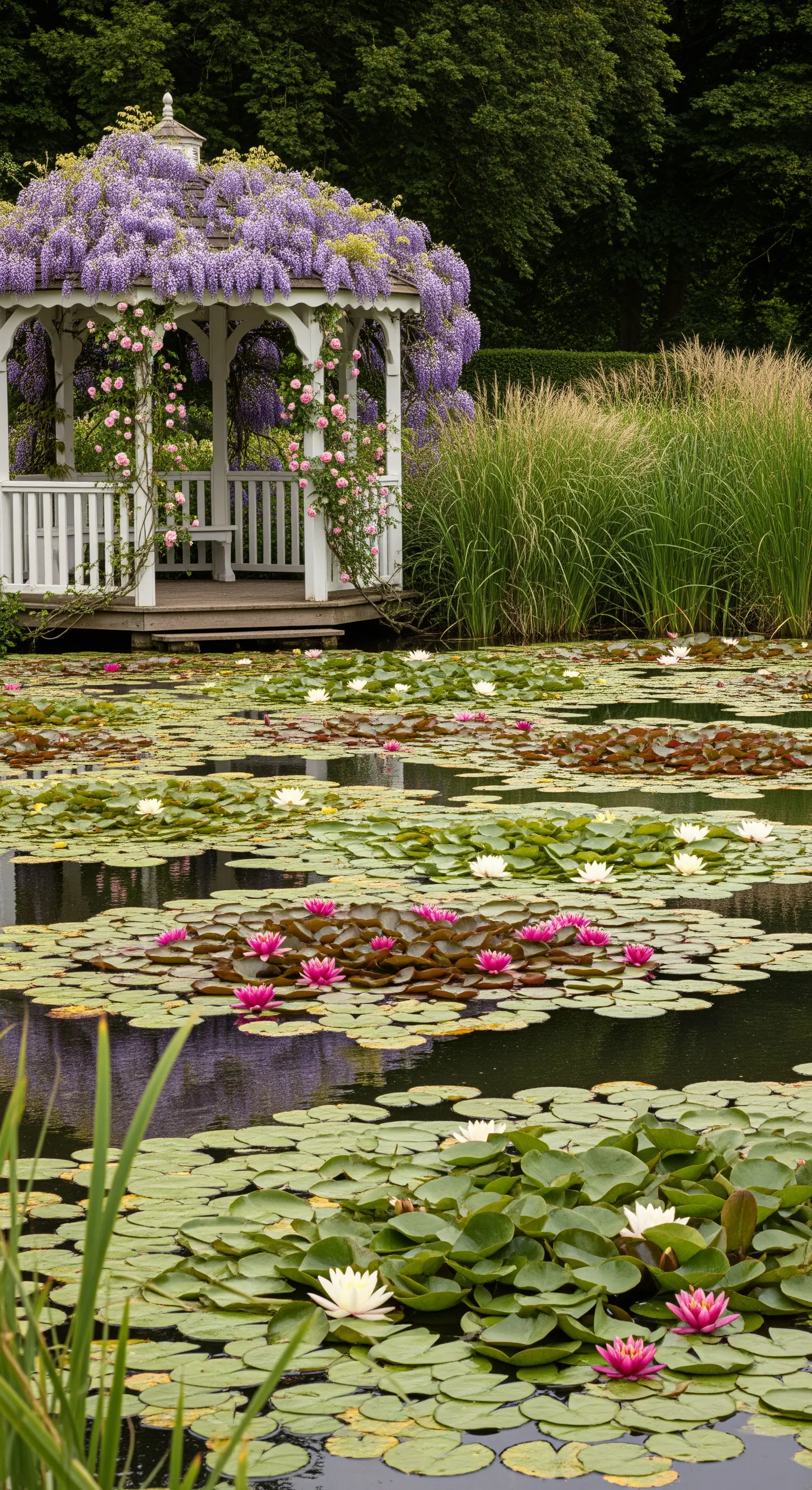 Weißer Pavillon, mit Blauregen und Rosen bewachsen, an einem Teich mit Seerosen