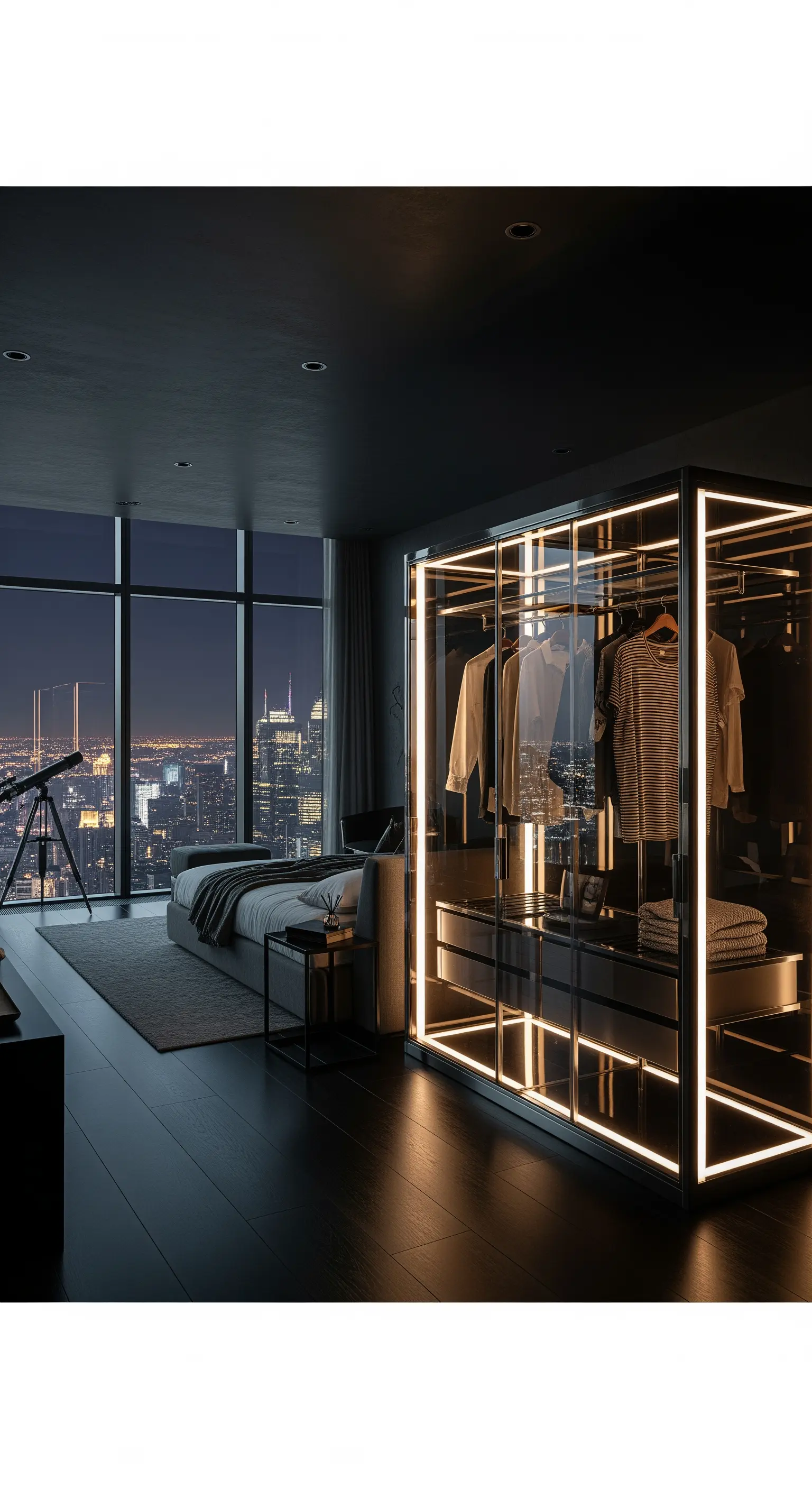 Dunkles Schlafzimmer mit Panoramafenster und beleuchtetem Glas-Kleiderschrank, der die Lichter der Stadt widerspiegelt.