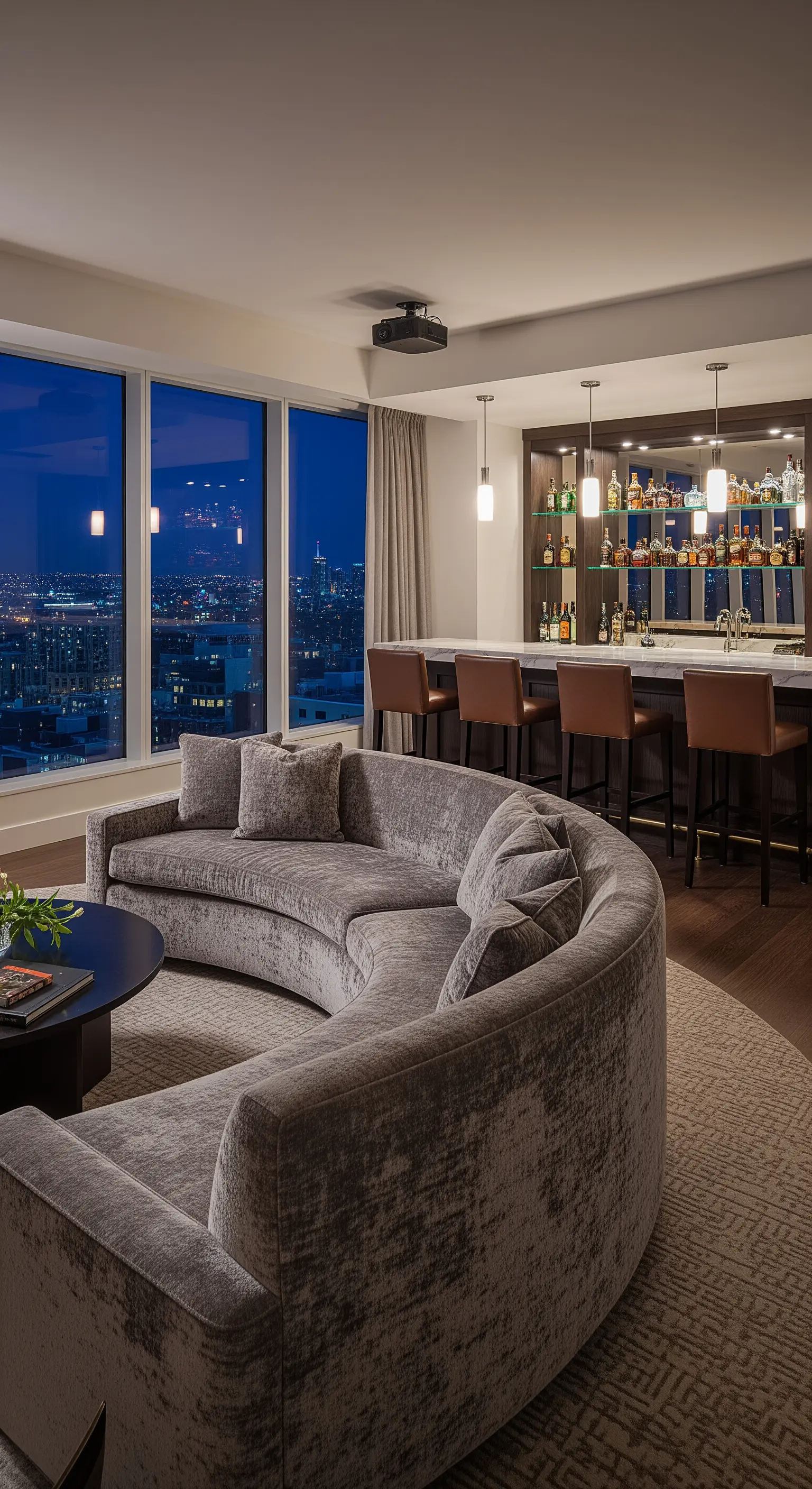 Modernes Penthouse-Wohnzimmer mit rundem Sofa und integrierter Hausbar.