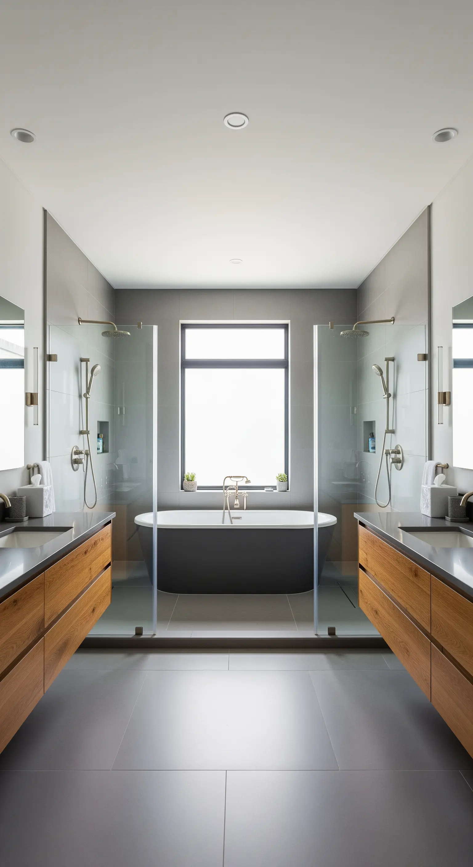 Symmetrisch aufgebautes Badezimmer mit zwei gegenüberliegenden Waschtischen und einer Wanne in der Mitte