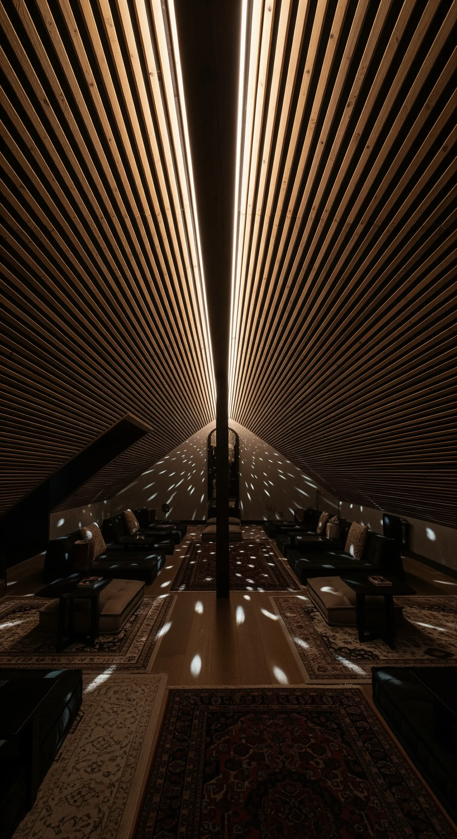 Dunkle Lamellendecke mit integrierten Lichtschienen und projizierten Lichtpunkten.