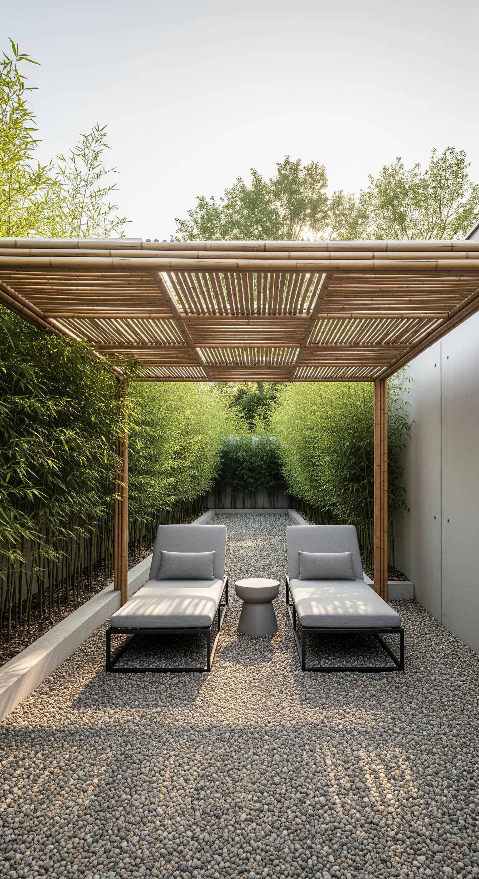 Bambus-Pergola mit zwei Loungeliegen und Kiesboden im Japandi-Stil