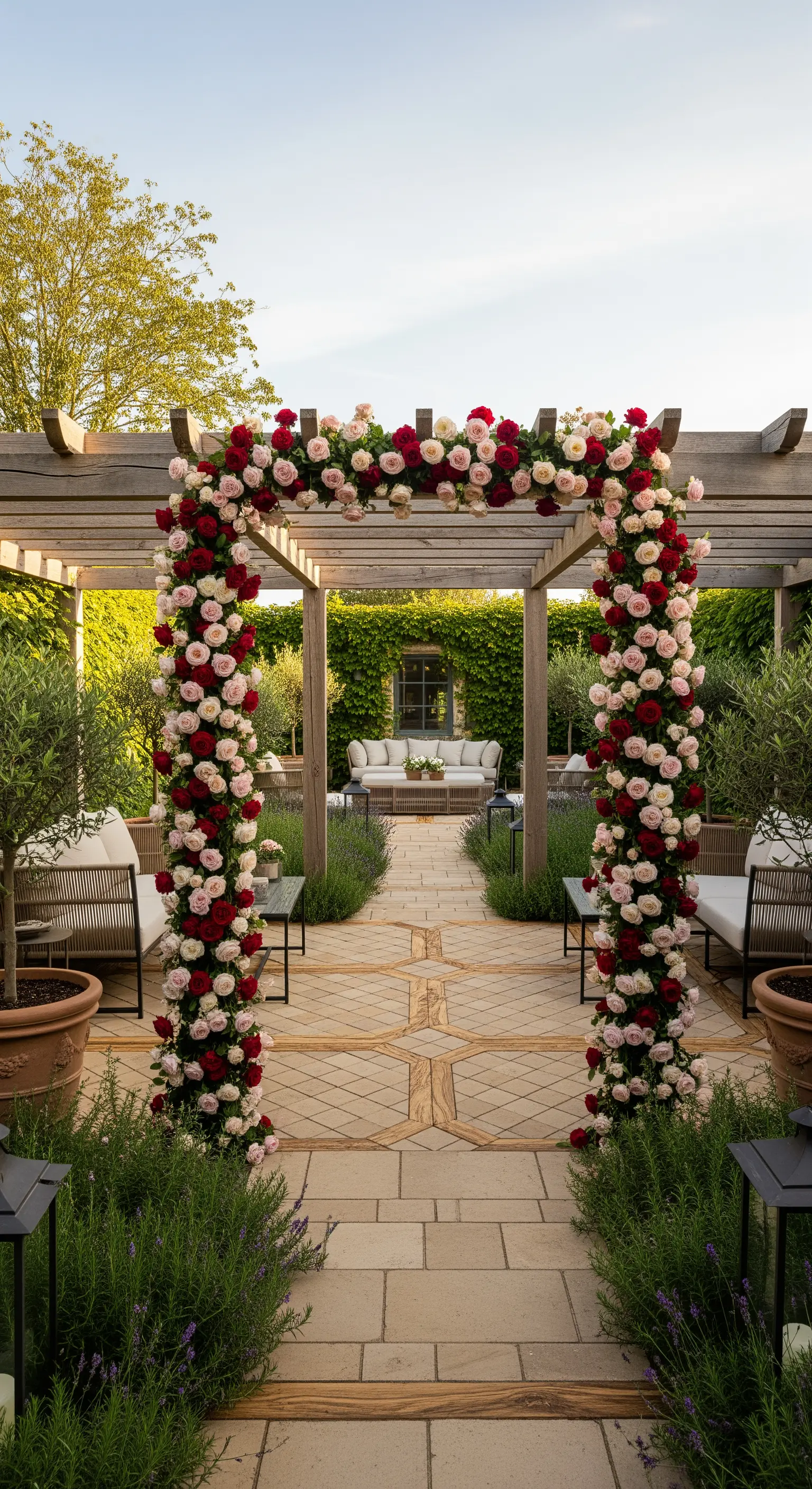 Pergola, üppig bewachsen mit roten und rosa Kletterrosen, umgeben von Olivenbäumen