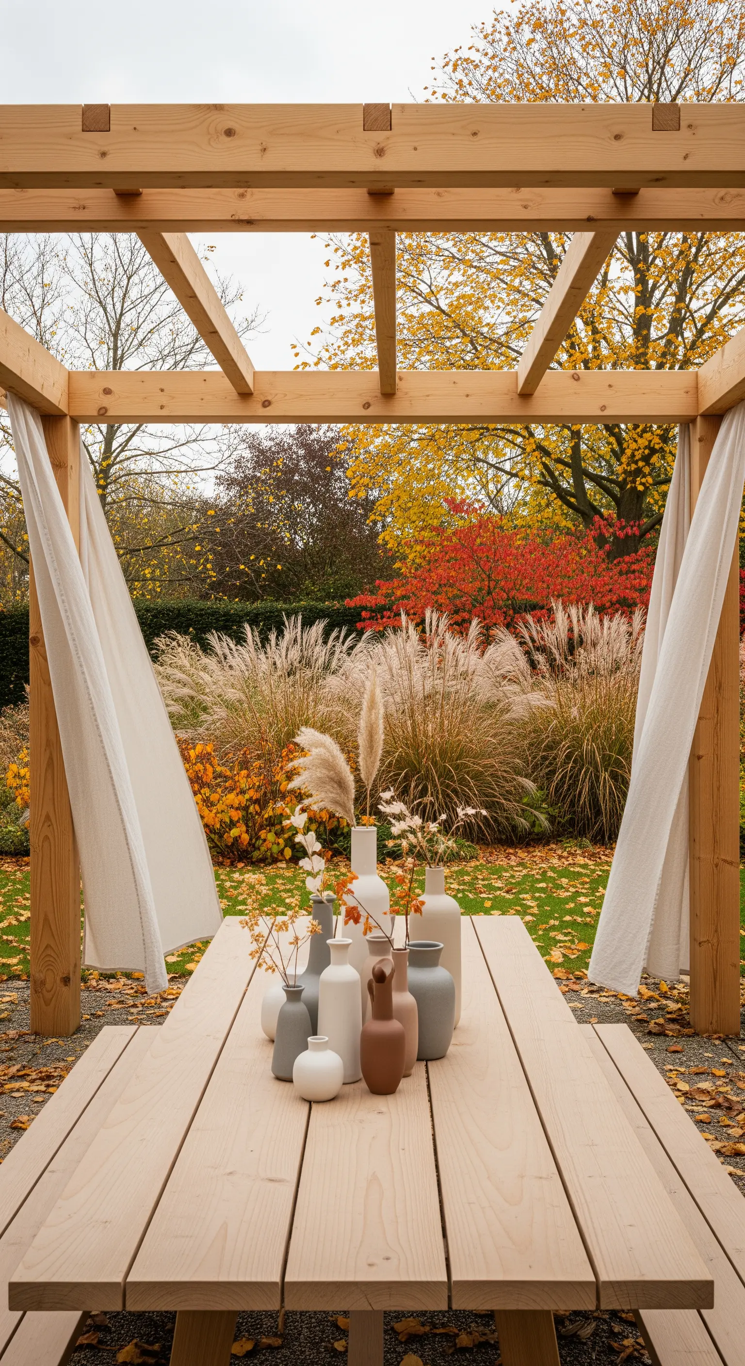 Pergola-Essplatz mit Leinenvorhängen und Keramikvasen
