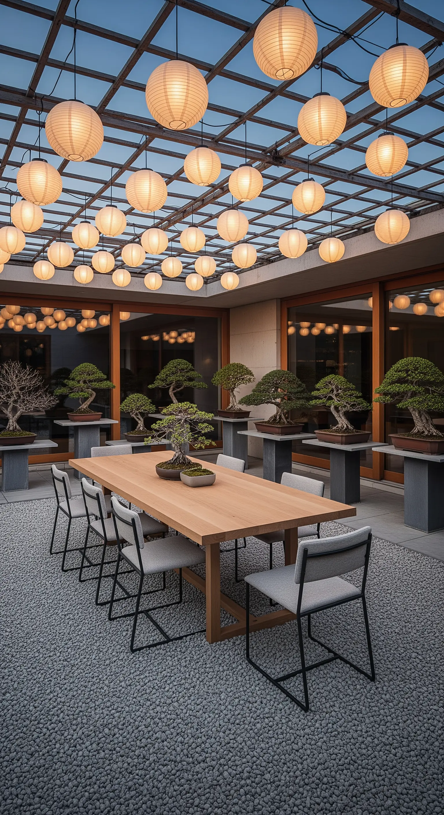 Pergola, viele runde Papierlaternen, Bonsai-Bäume, Japandi Garten
