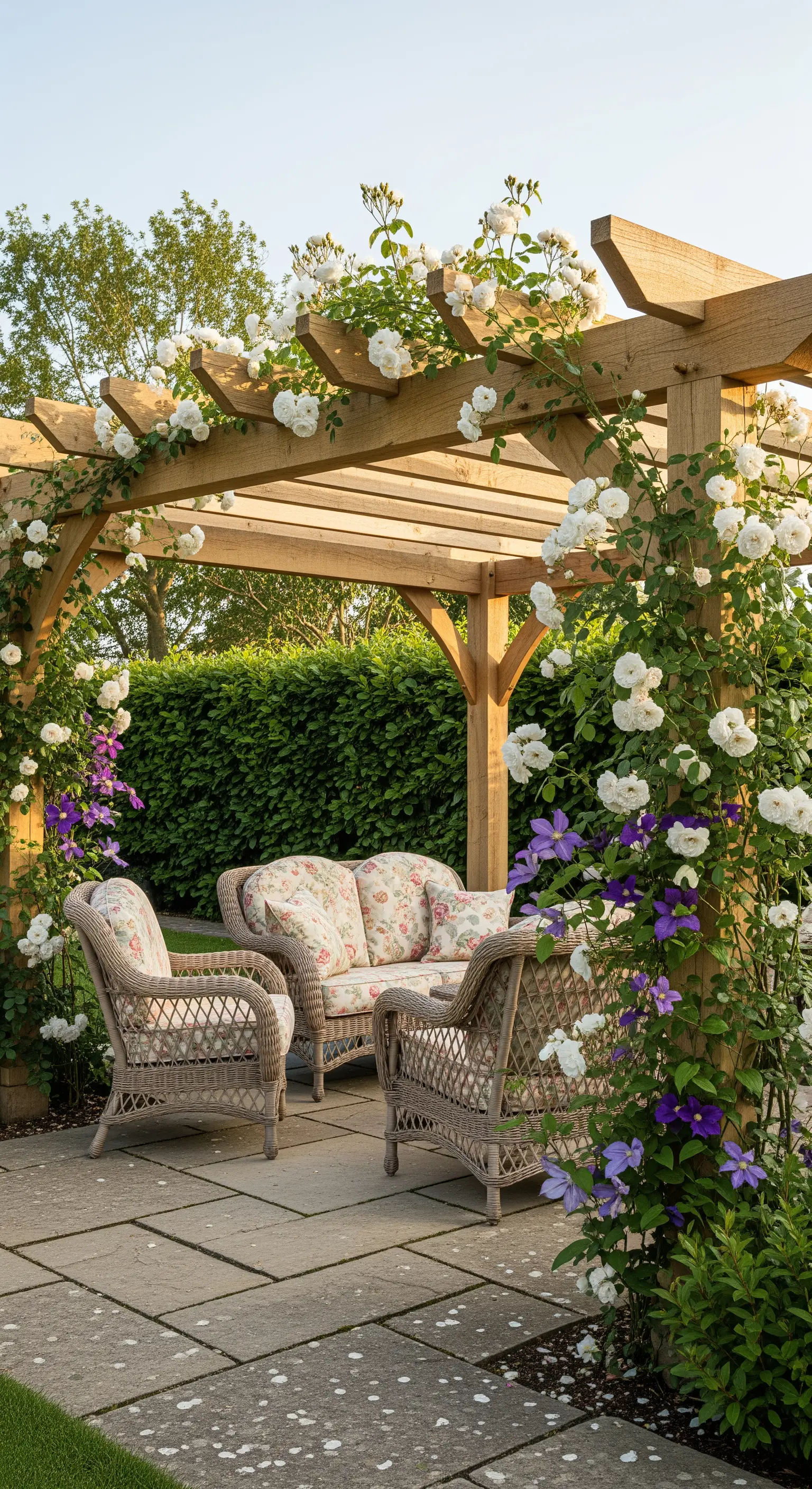 Holzpergola, weiße Kletterrosen, Clematis, Korbmöbel, gemütliche Sitzecke
