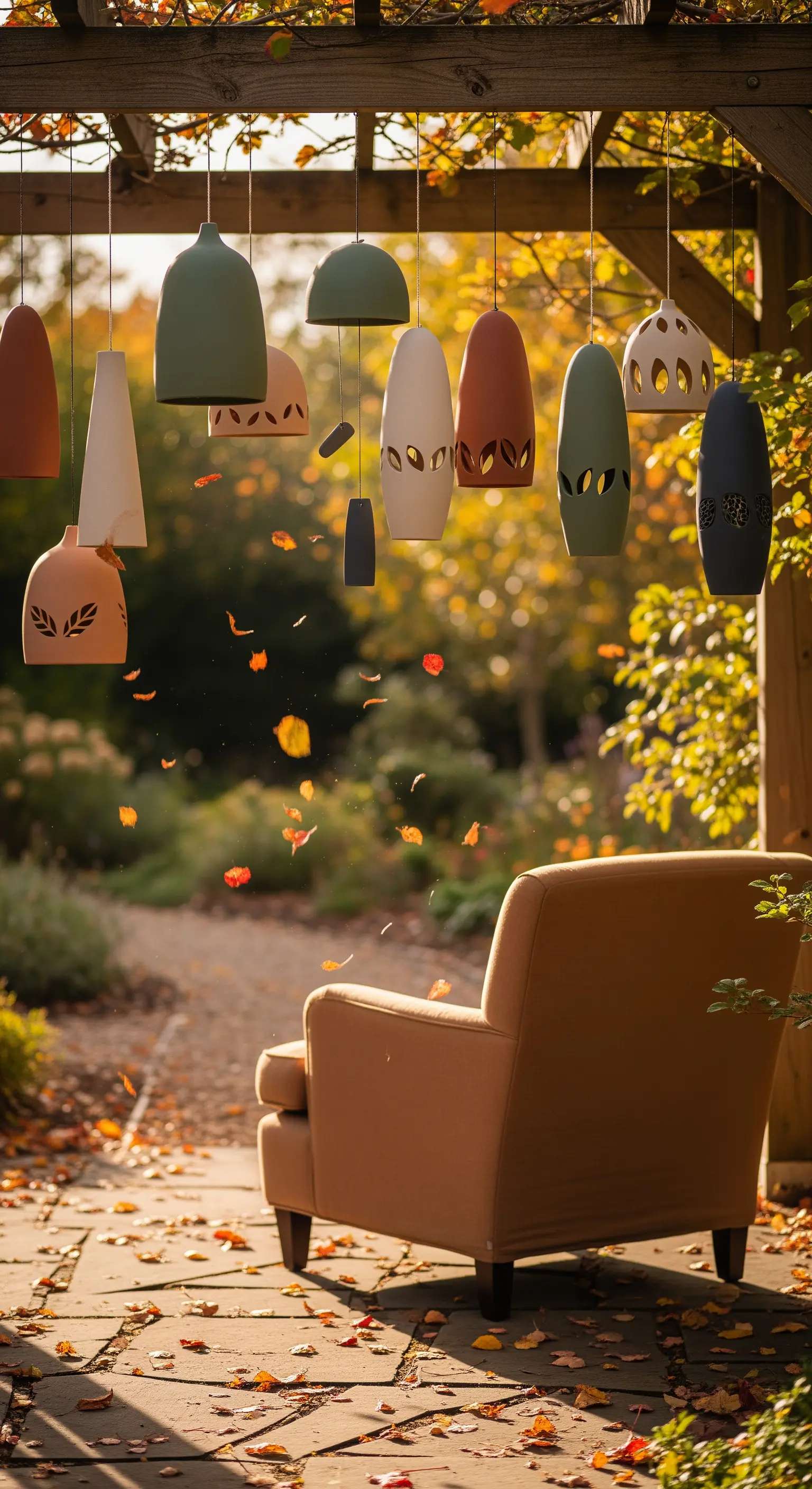 Holzpergola mit Sessel, hängender Keramikdeko und Herbstlaub