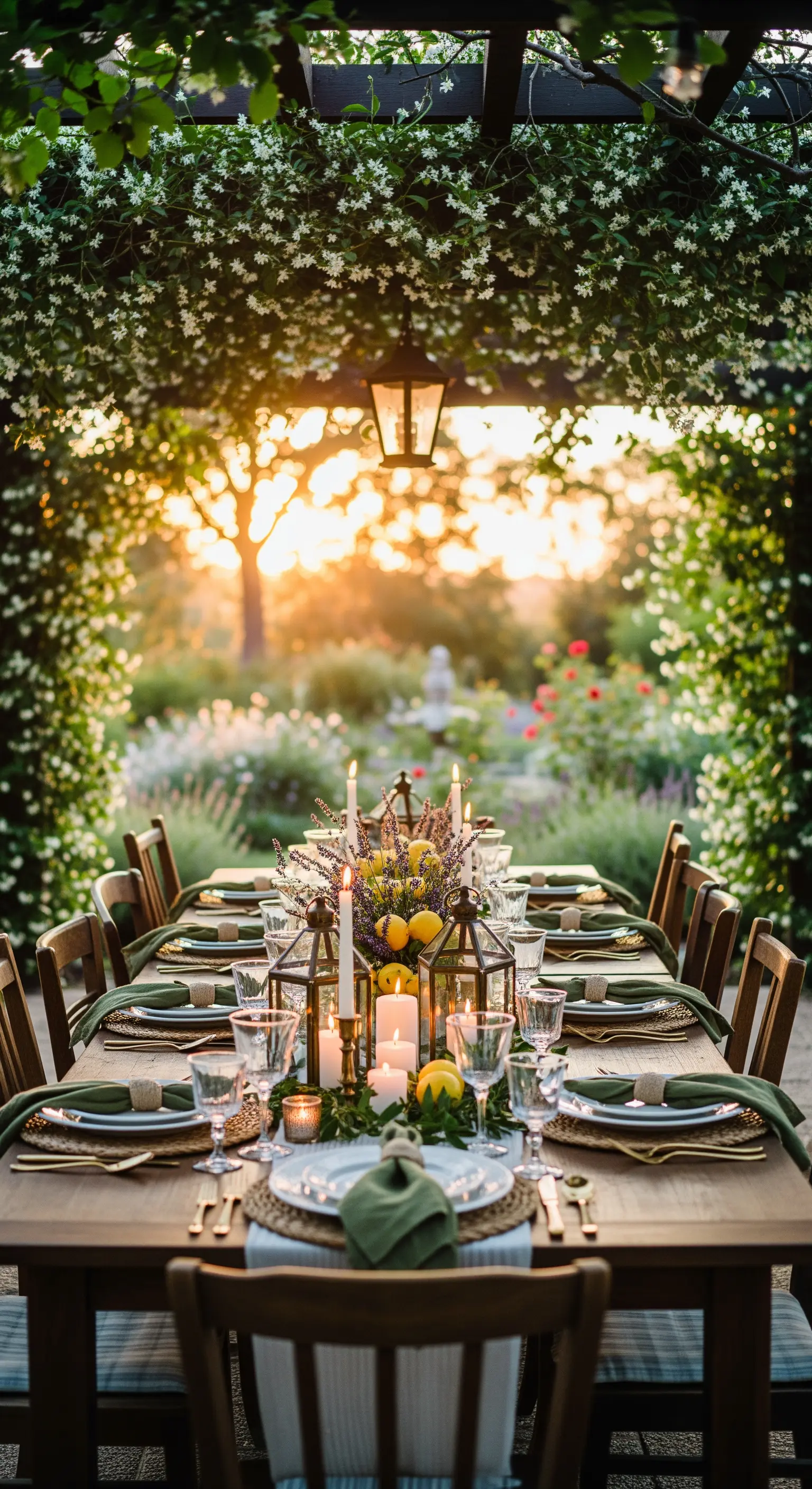 Tafel unter blühender Pergola mit Laternen, Kerzen, Lavendel und Zitronen