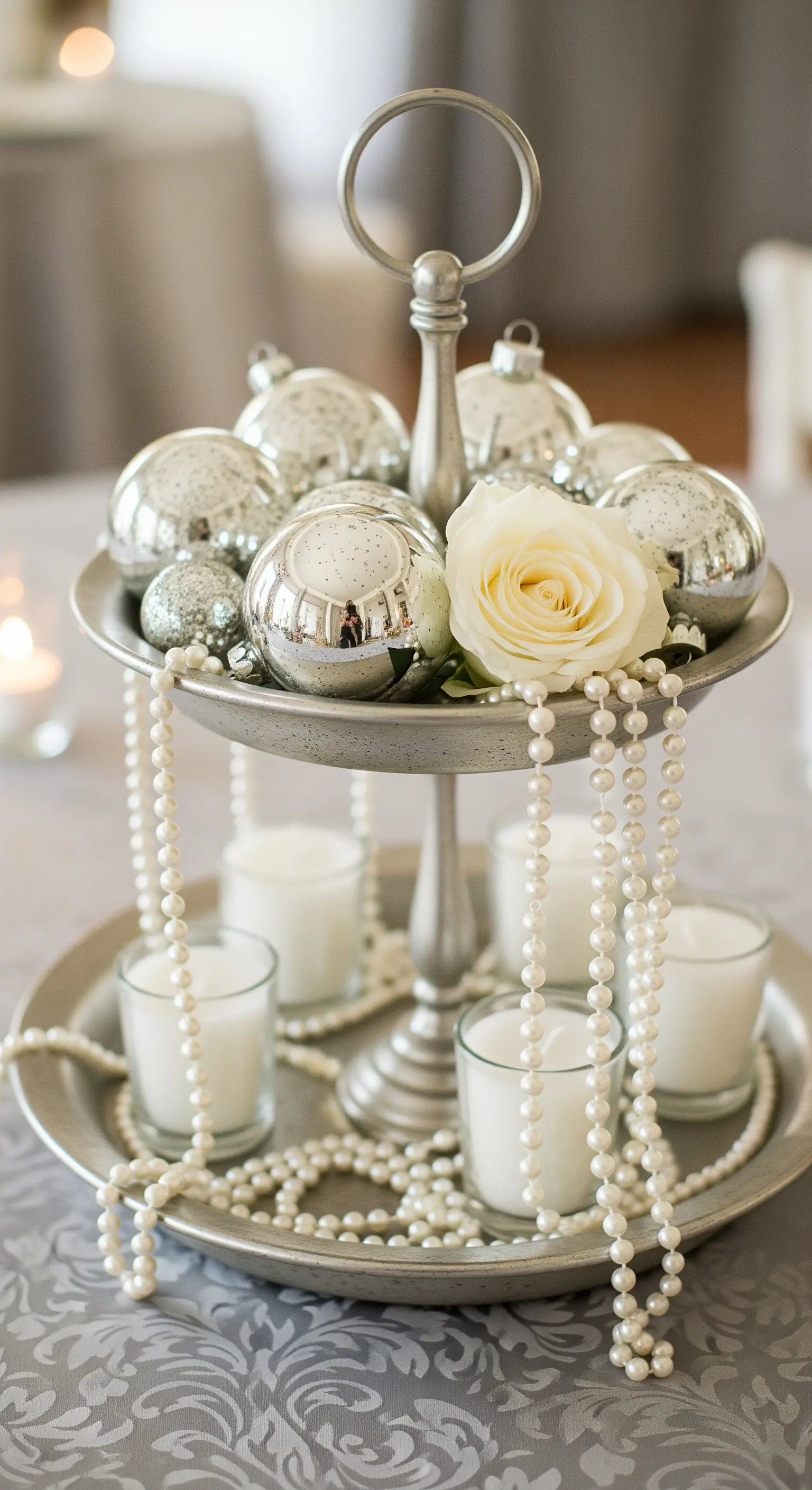 Silberne Etagere mit Spiegelkugeln, Perlenketten und einer weißen Rose.