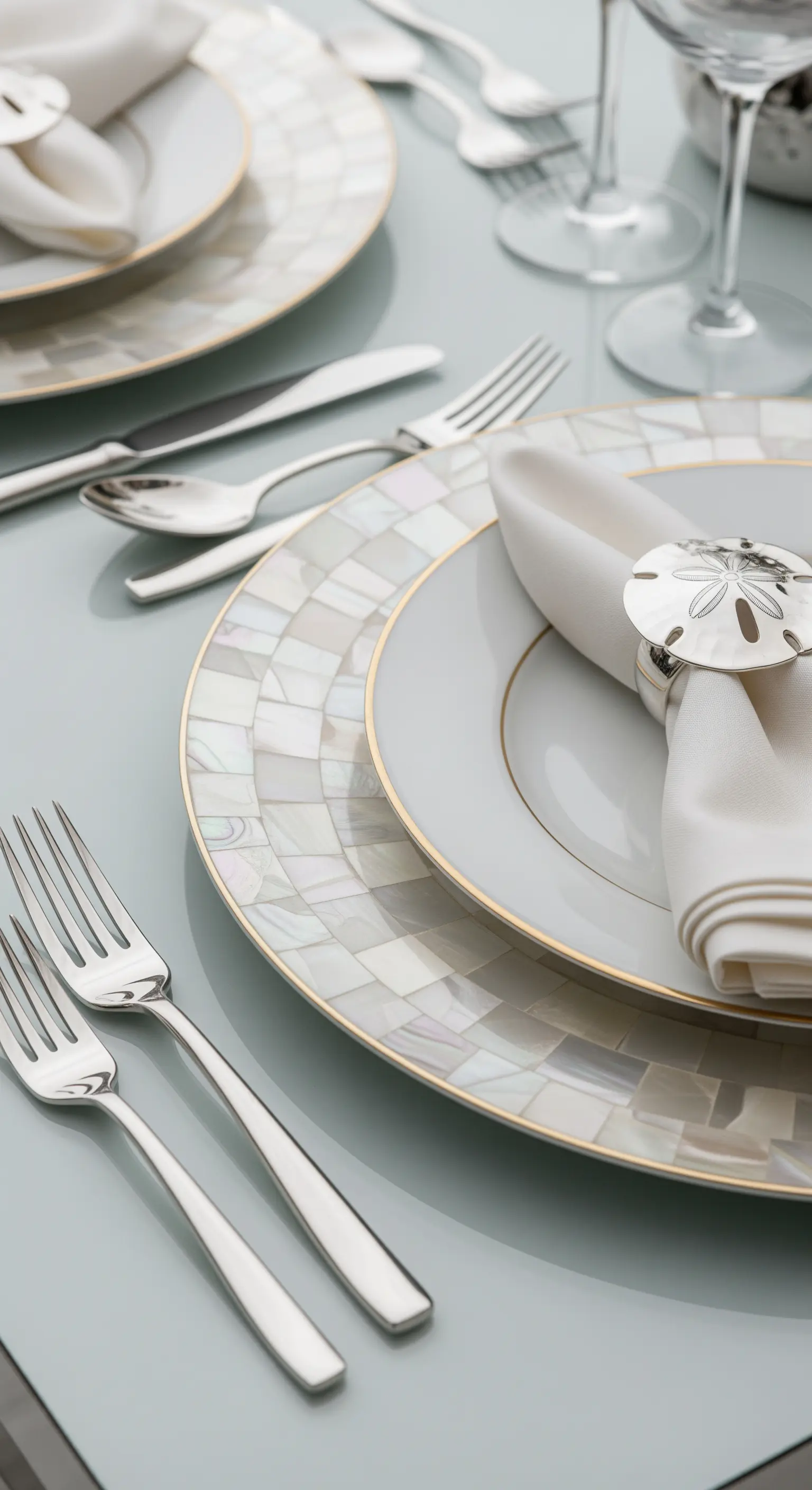 Elegantes Gedeck mit einem Tellerrand aus Perlmutt und einem silbernen Sanddollar-Serviettenring.