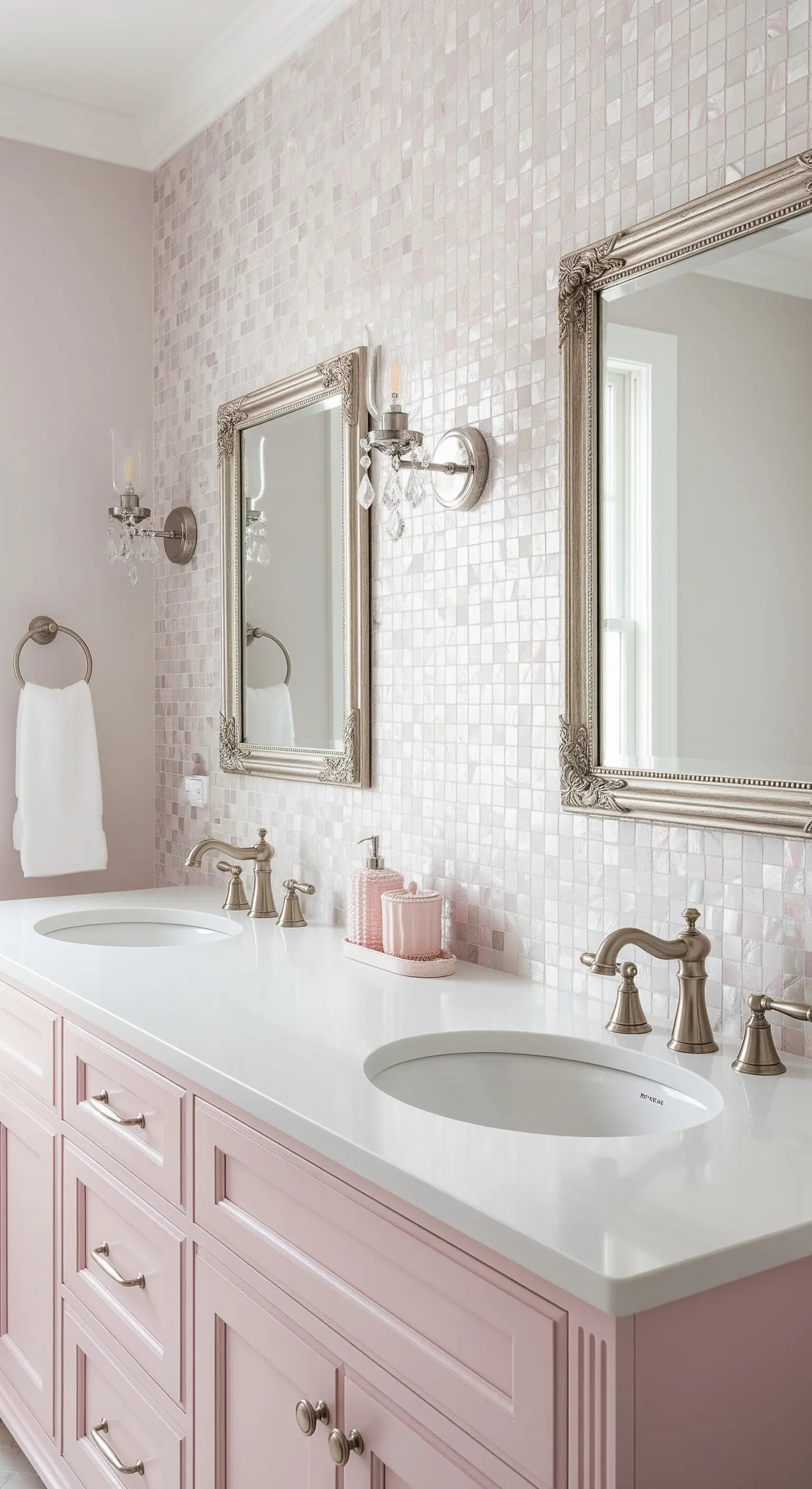 Romantisches Badezimmer mit rosa Perlmutt-Mosaikfliesen und silbernen Spiegeln.