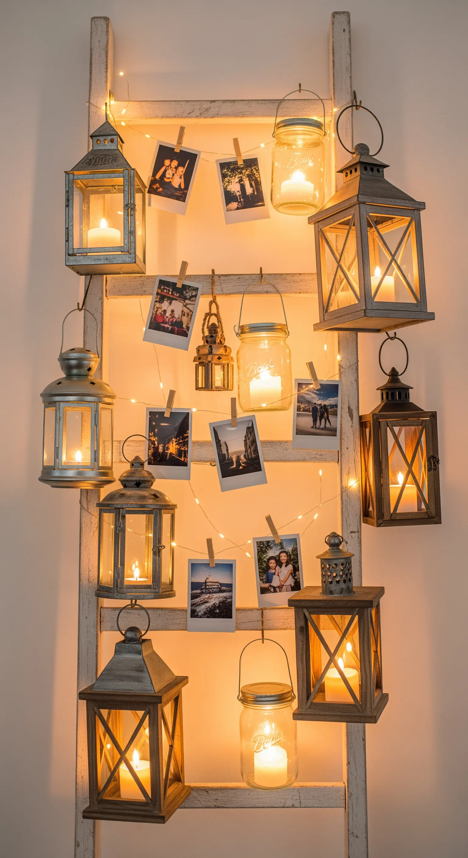 Holzleiter mit hängenden Laternen, Einmachgläsern und Fotos an Lichterketten