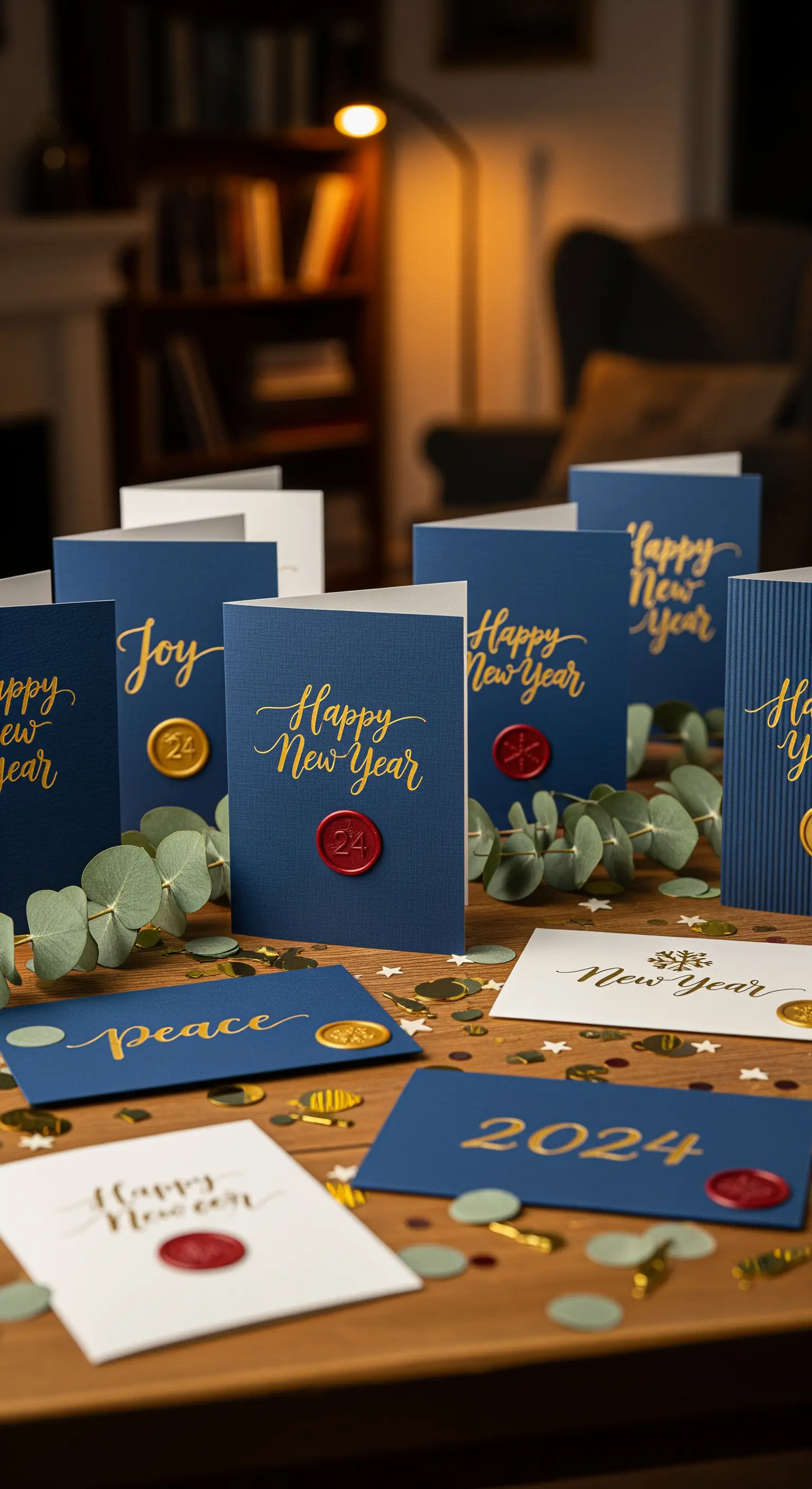 Elegante Neujahrskarten in Dunkelblau mit Goldprägung und roten Wachssiegeln, umgeben von Eukalyptus.