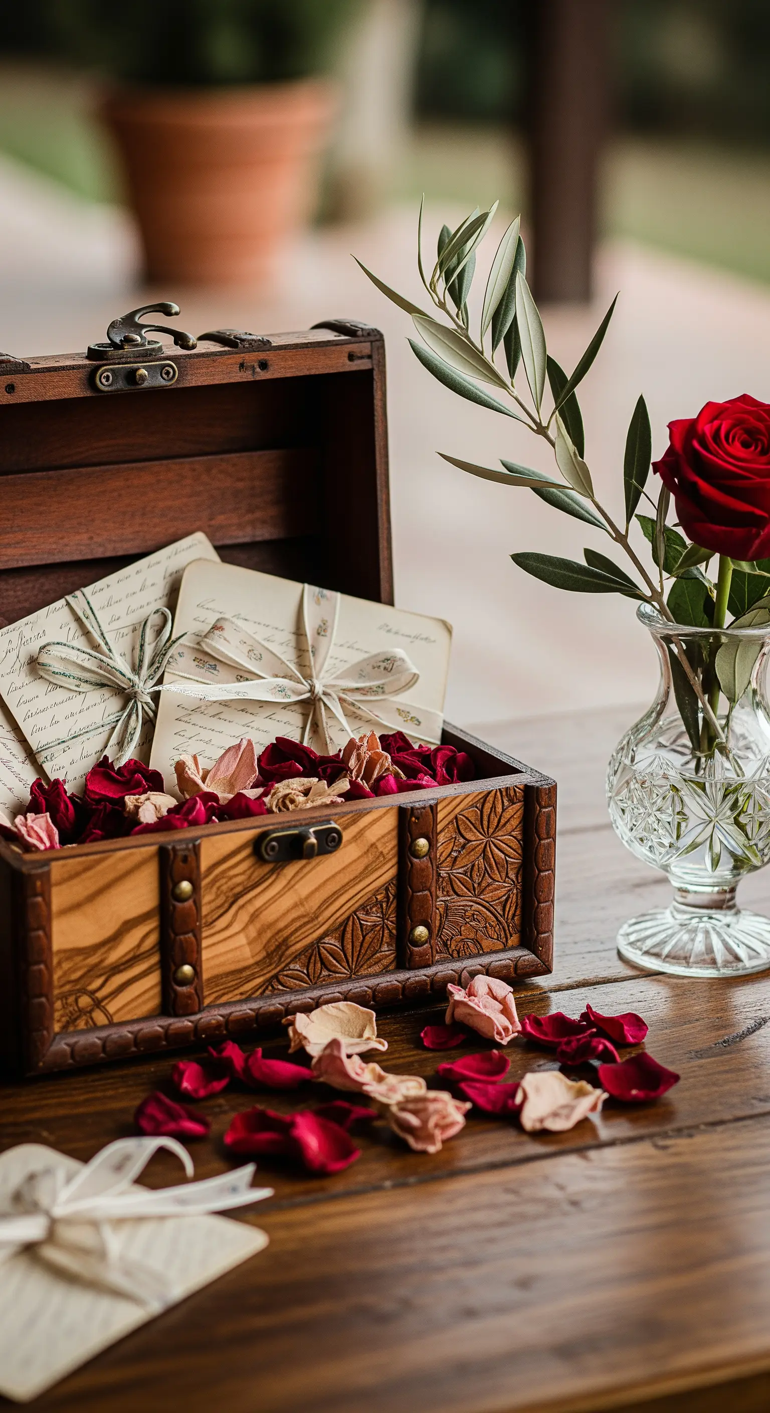 Holzschatulle mit Liebesbriefen und Rosenblättern, daneben eine rote Rose und Olivenzweig