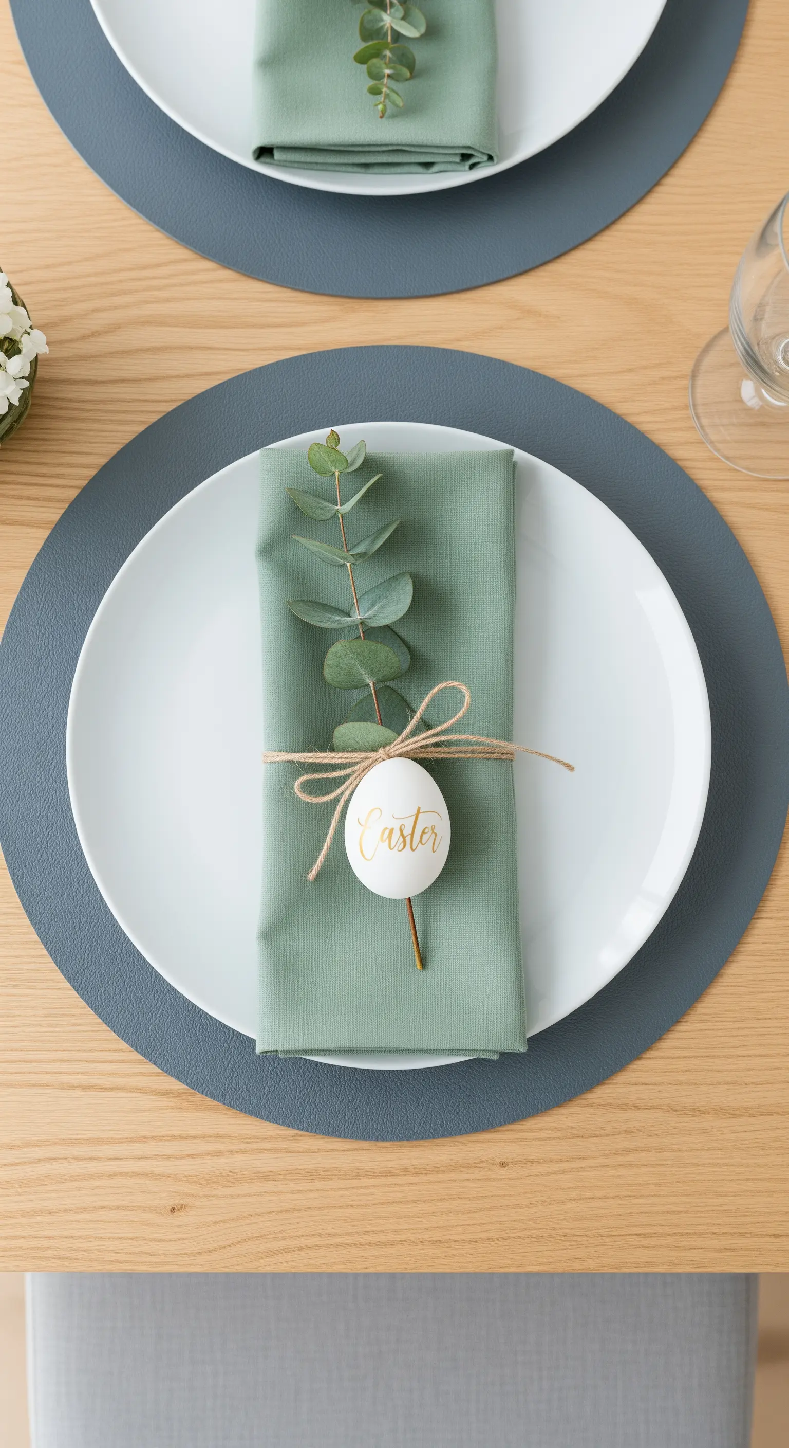 Platzgedeck mit salbeigrüner Serviette, Eukalyptus und einem Ei mit goldener Schrift