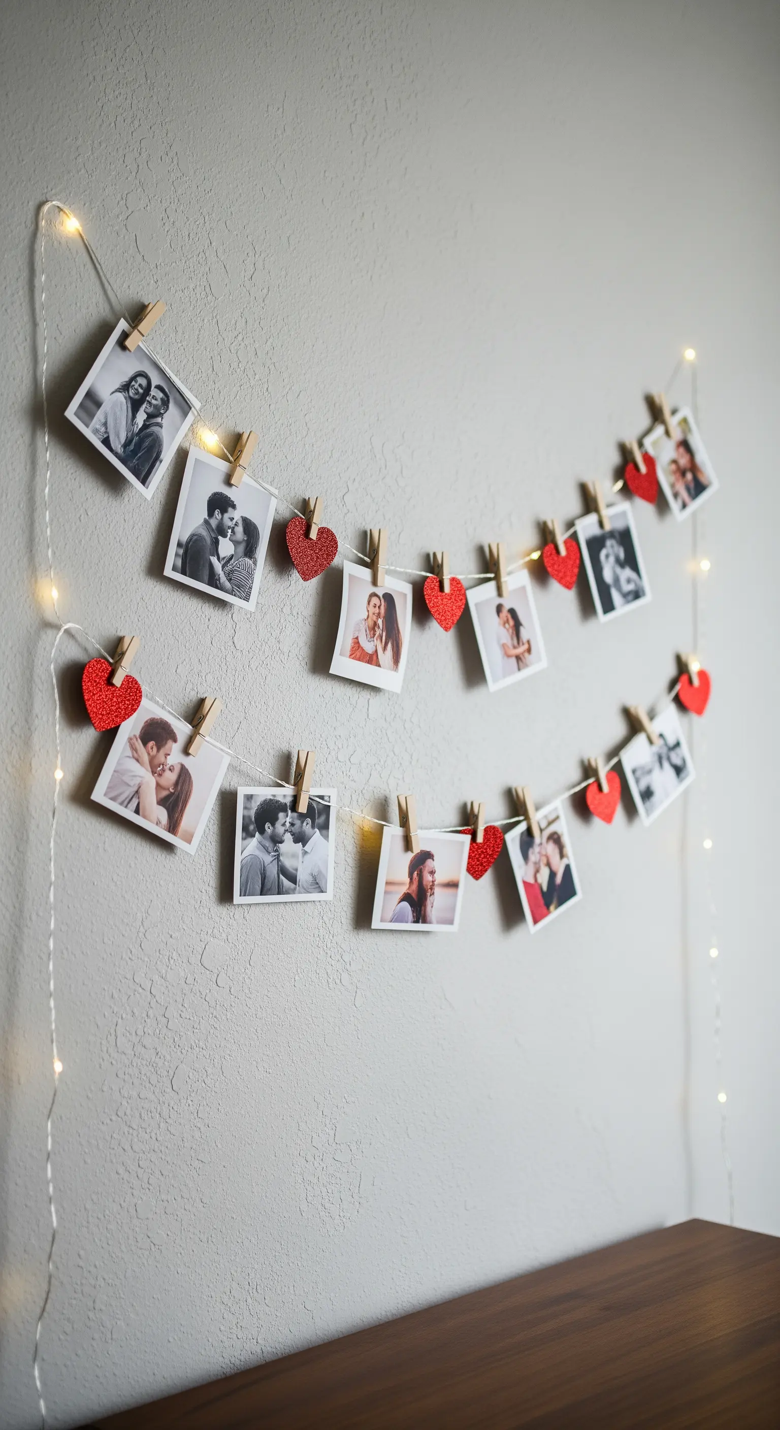 Eine Fotogirlande mit persönlichen Bildern, kleinen Herzen und einer Lichterkette an der Wand.