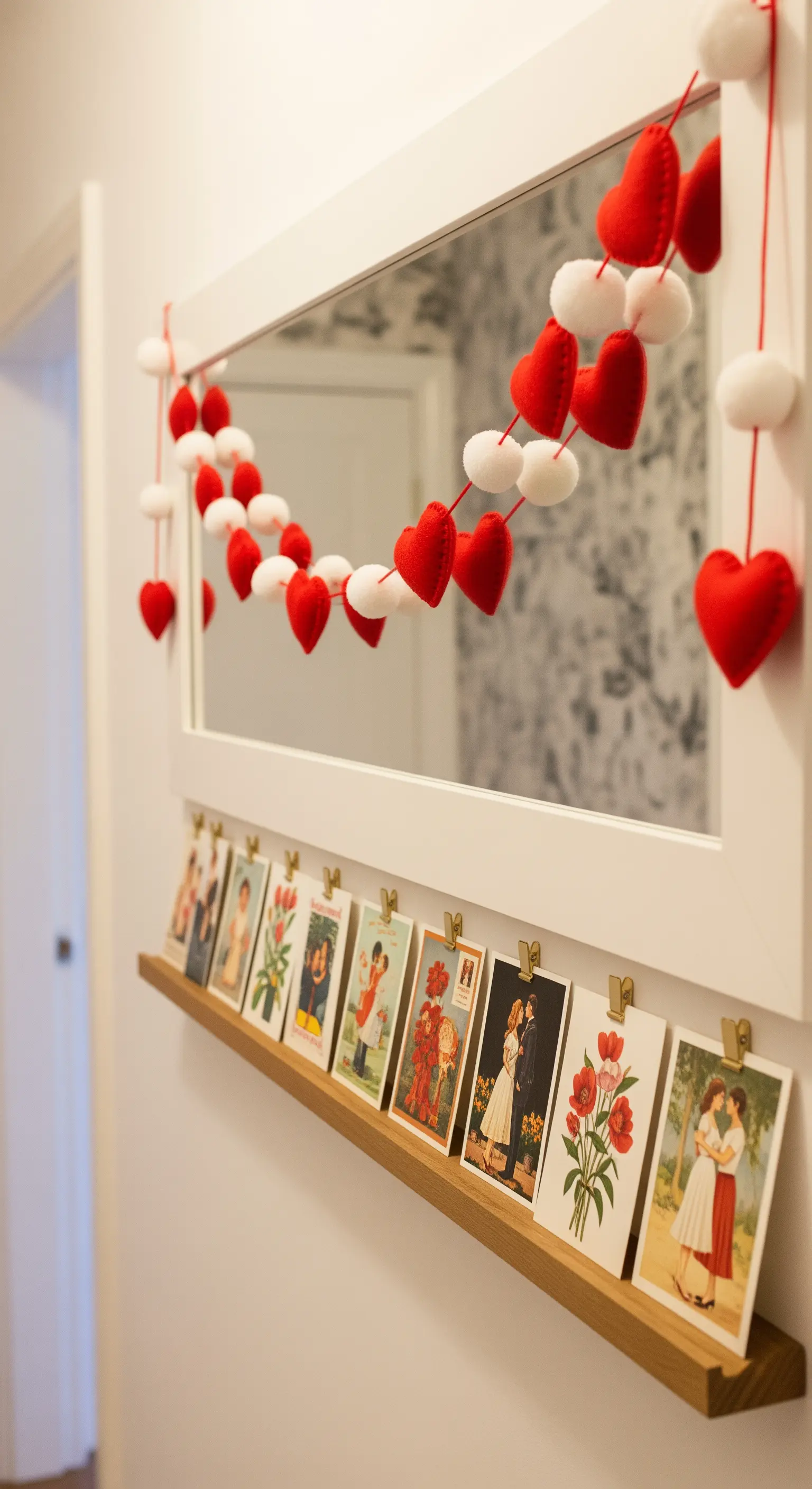 Spiegel mit Postkartenleiste und Herz-Pompom-Girlande.