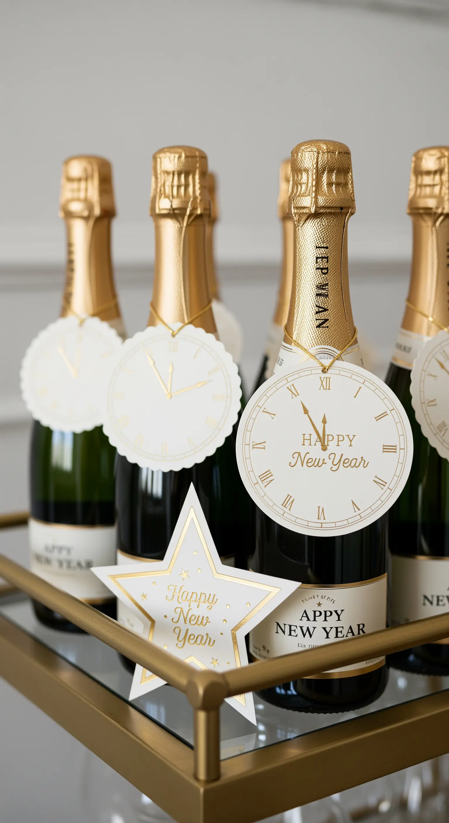 Kleine Sektflaschen mit personalisierten Papieranhängern in Form einer Uhr.