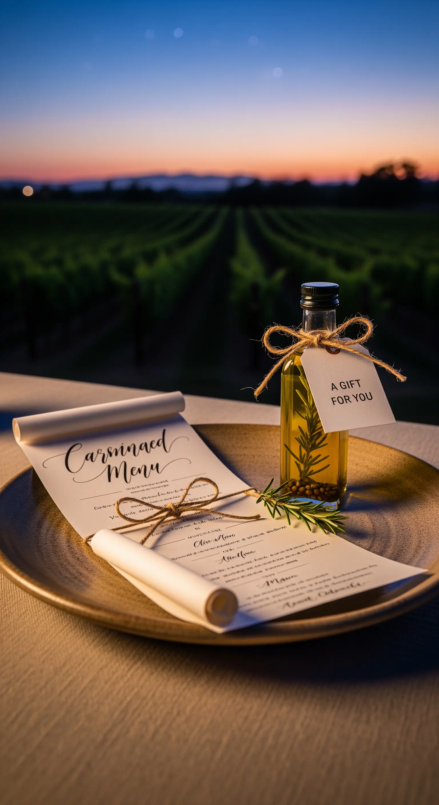 Gerolltes Menü, Olivenöl-Flasche mit Rosmarin als Gastgeschenk auf Teller