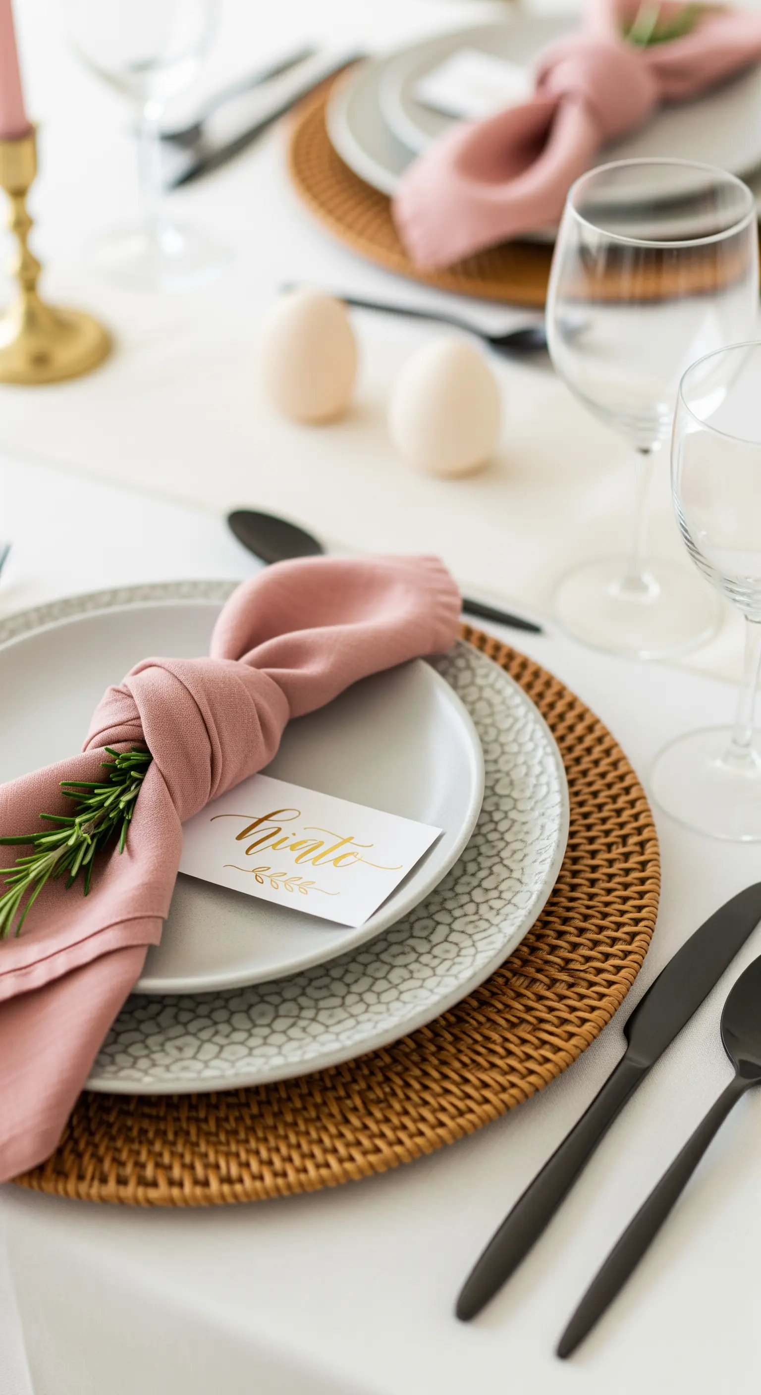 Liebevoll gestaltetes Gedeck mit geknoteter Leinenserviette, Rosmarin und Platzkarte.