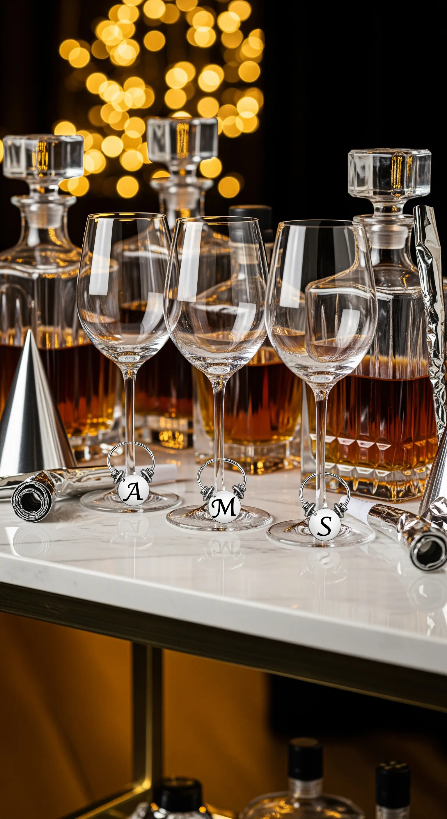 Weingläser mit Monogramm-Anhängern, umgeben von Dekantern, Partyhüten und goldenen Lichtern.