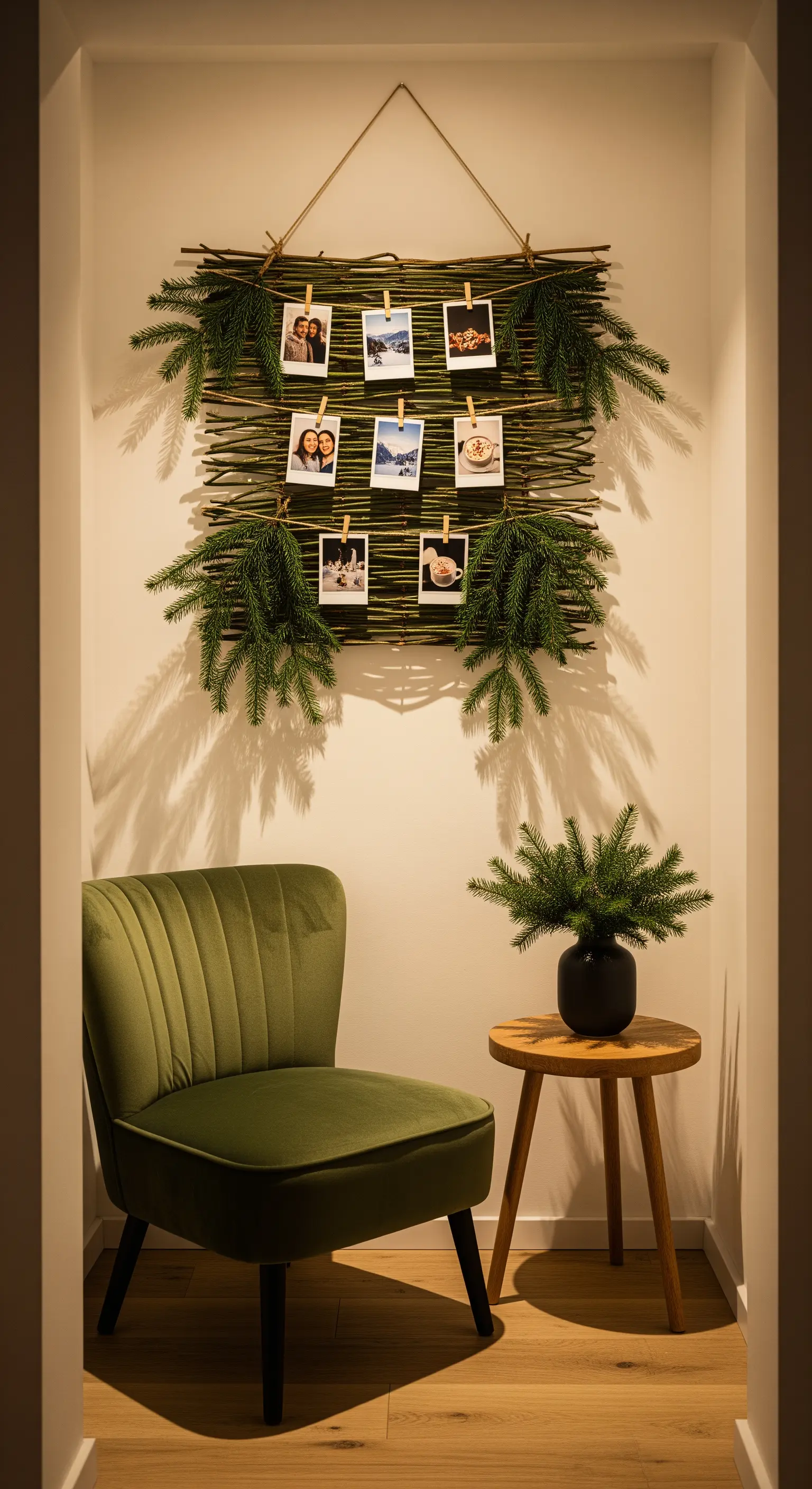 Wandgalerie aus Ästen und Tannenzweigen mit Fotos und kleinem Sessel.