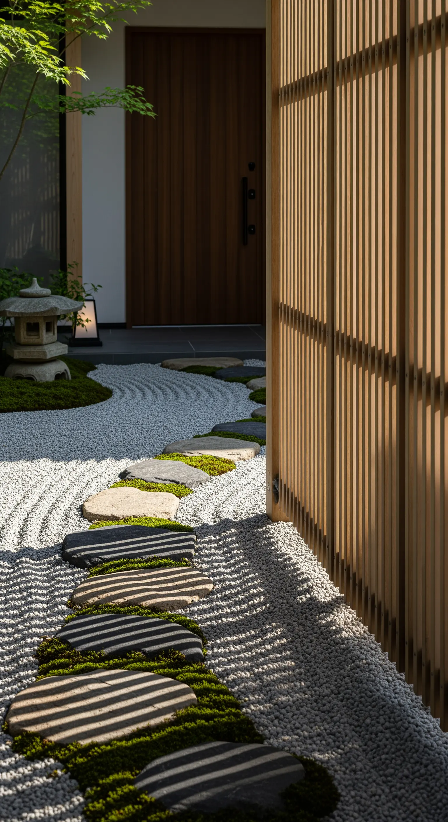 Geschwungener Japandi Weg mit Trittsteinen, Moos, Kies und Holzlamellen