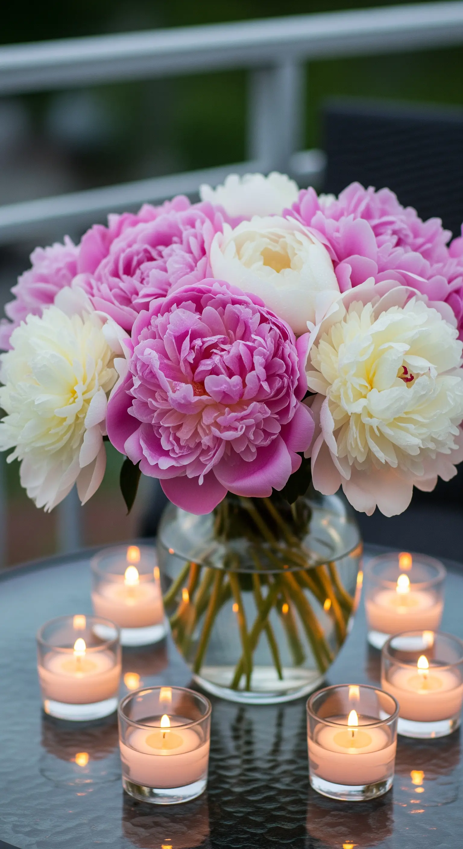 Pinke und weiße Pfingstrosen in Glasvase mit Teelichtern auf Balkontisch