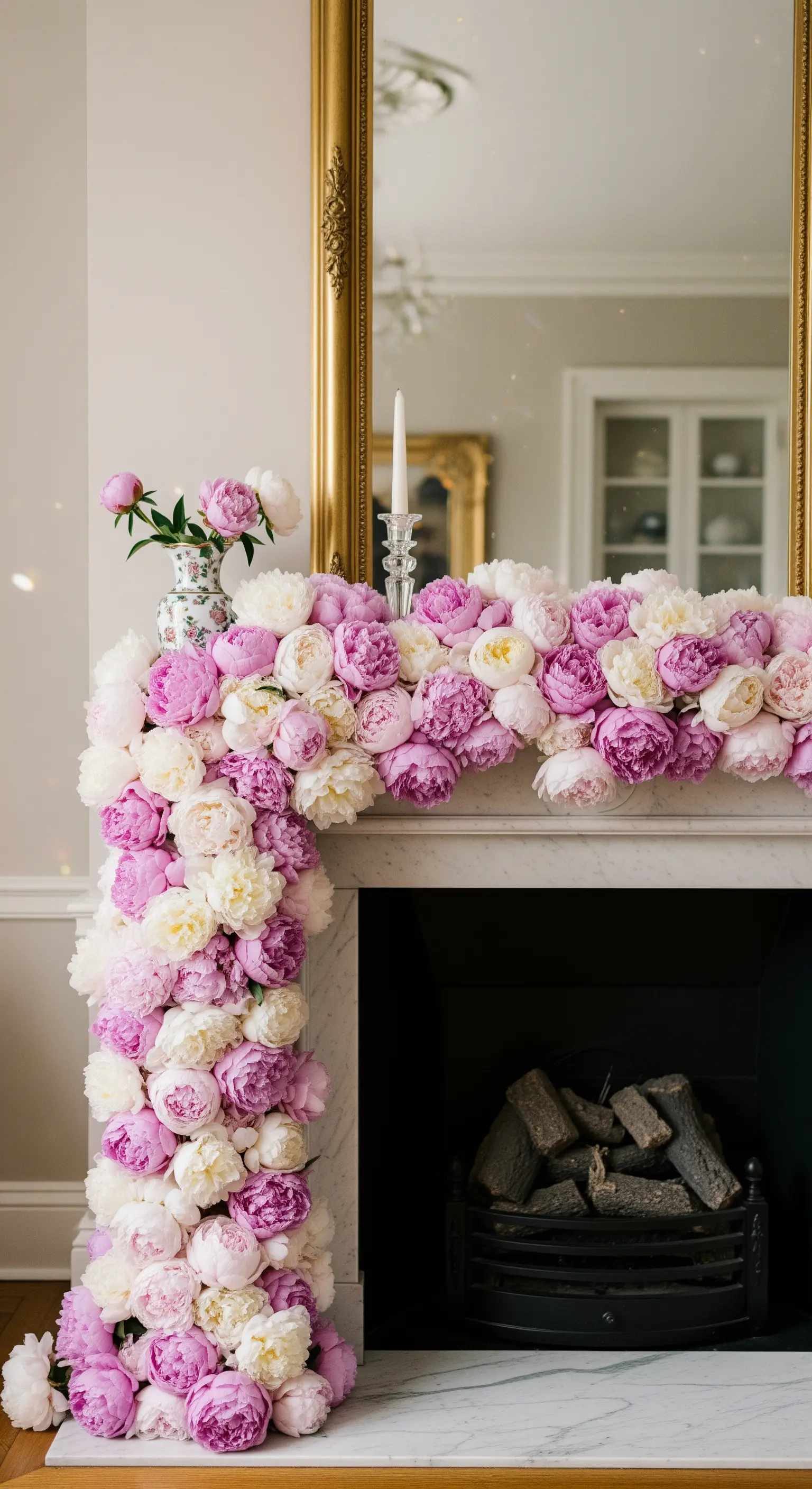 Üppige Girlande aus rosa und weißen Pfingstrosen, die asymmetrisch einen Marmorkamin schmückt.