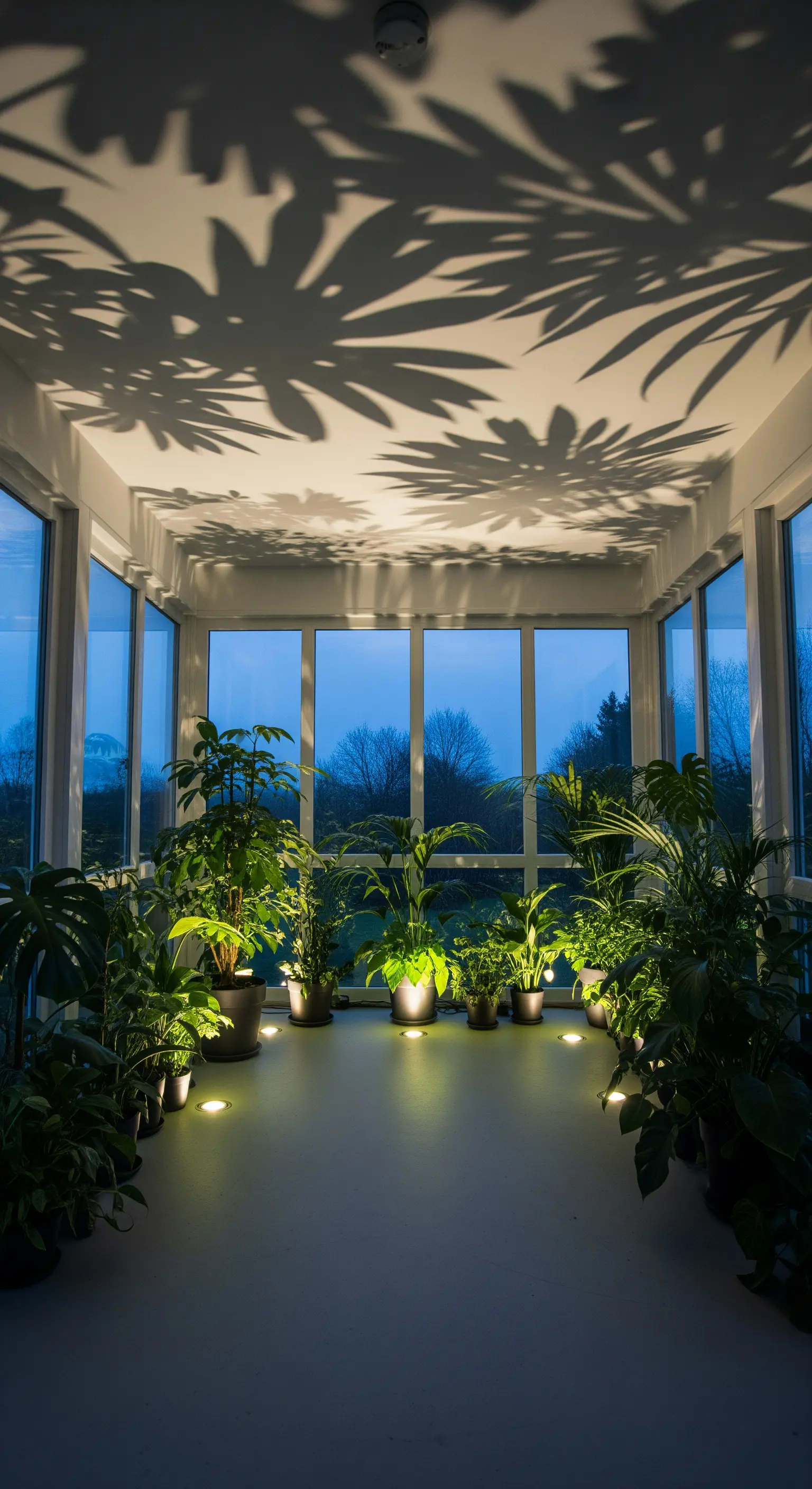 Bodenspots beleuchten Zimmerpflanzen von unten und werfen große Blattschatten an die Decke.