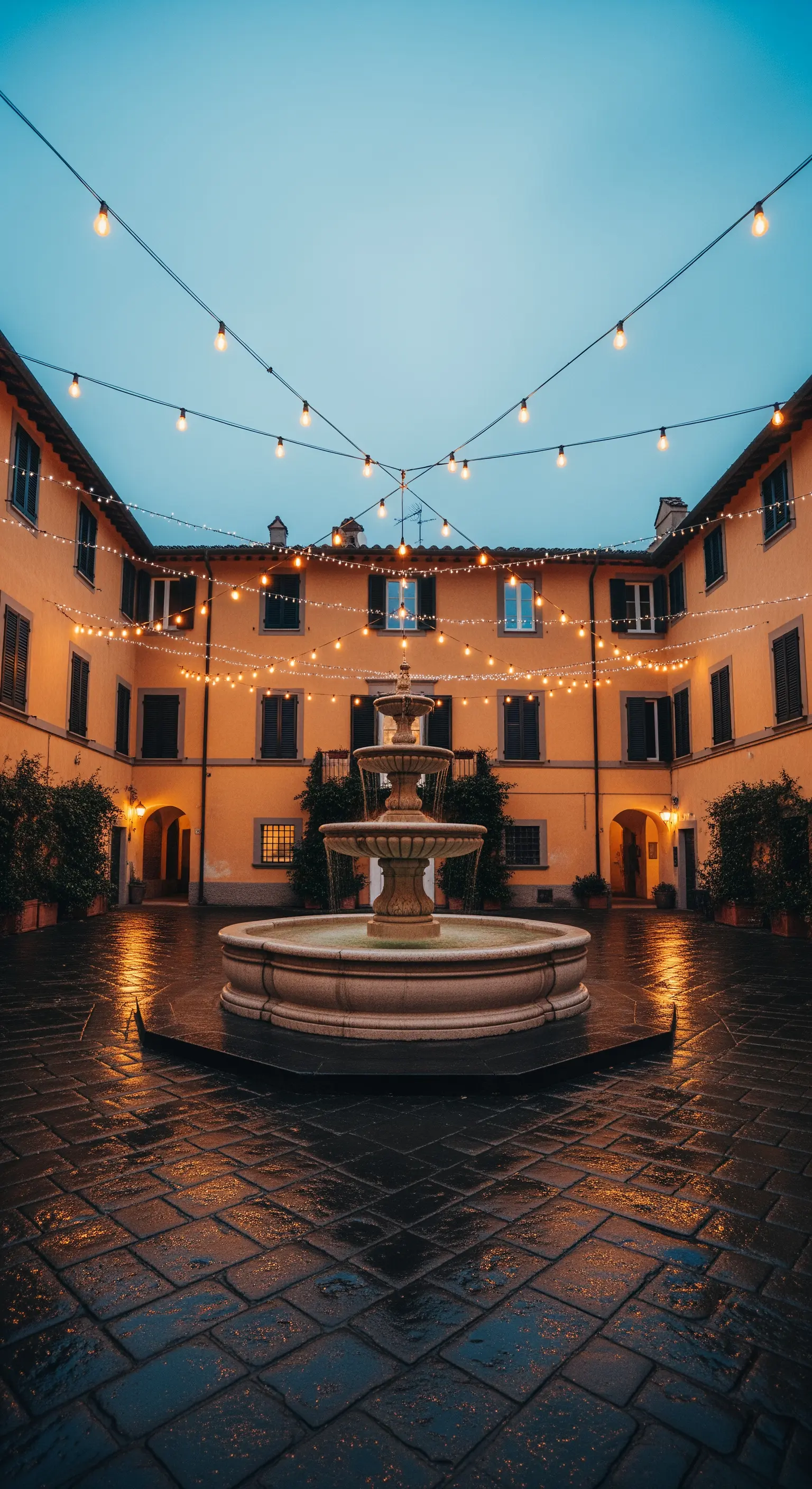 Italienischer Innenhof mit Brunnen, überspannt von Lichterketten bei Dämmerung.