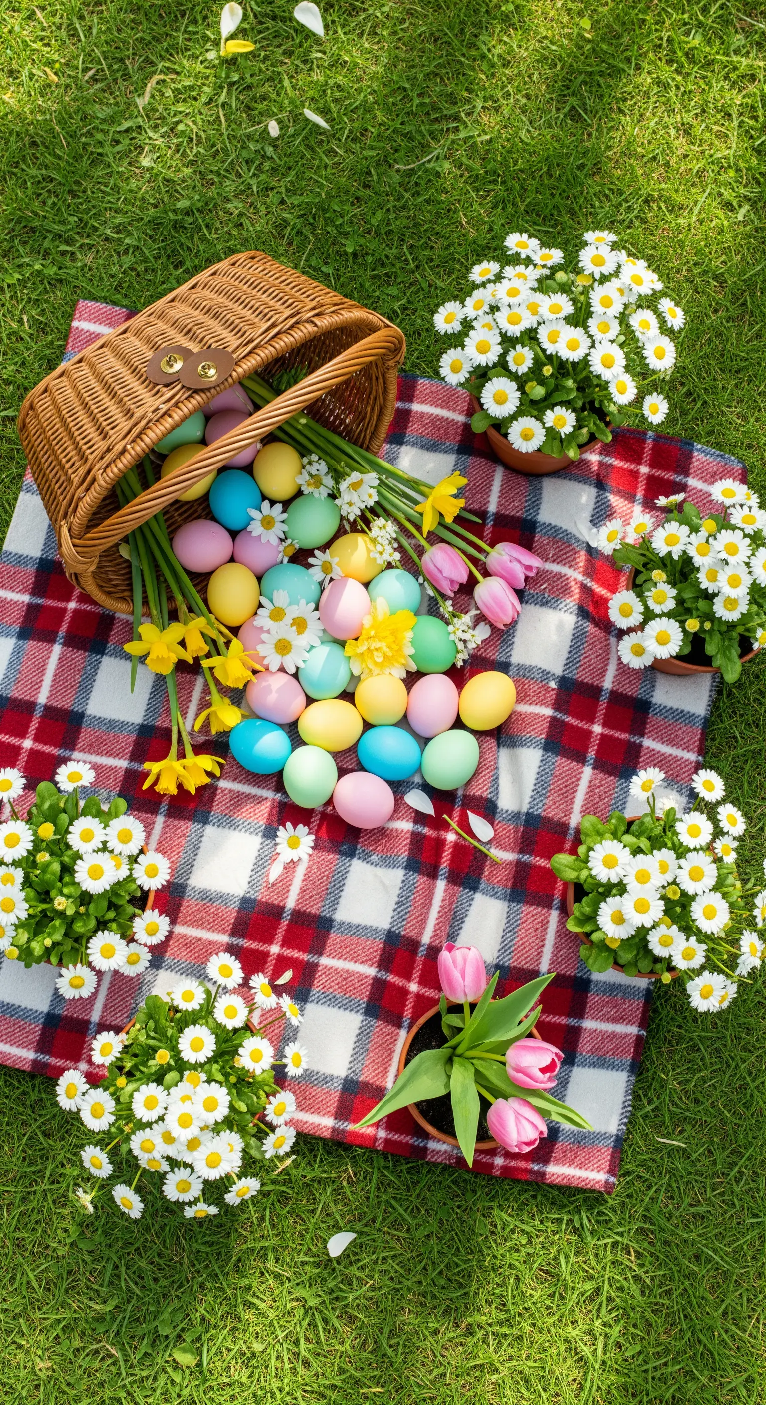Osterpicknick im Gras mit bunten Eiern, frischen Blumen und Picknickkorb