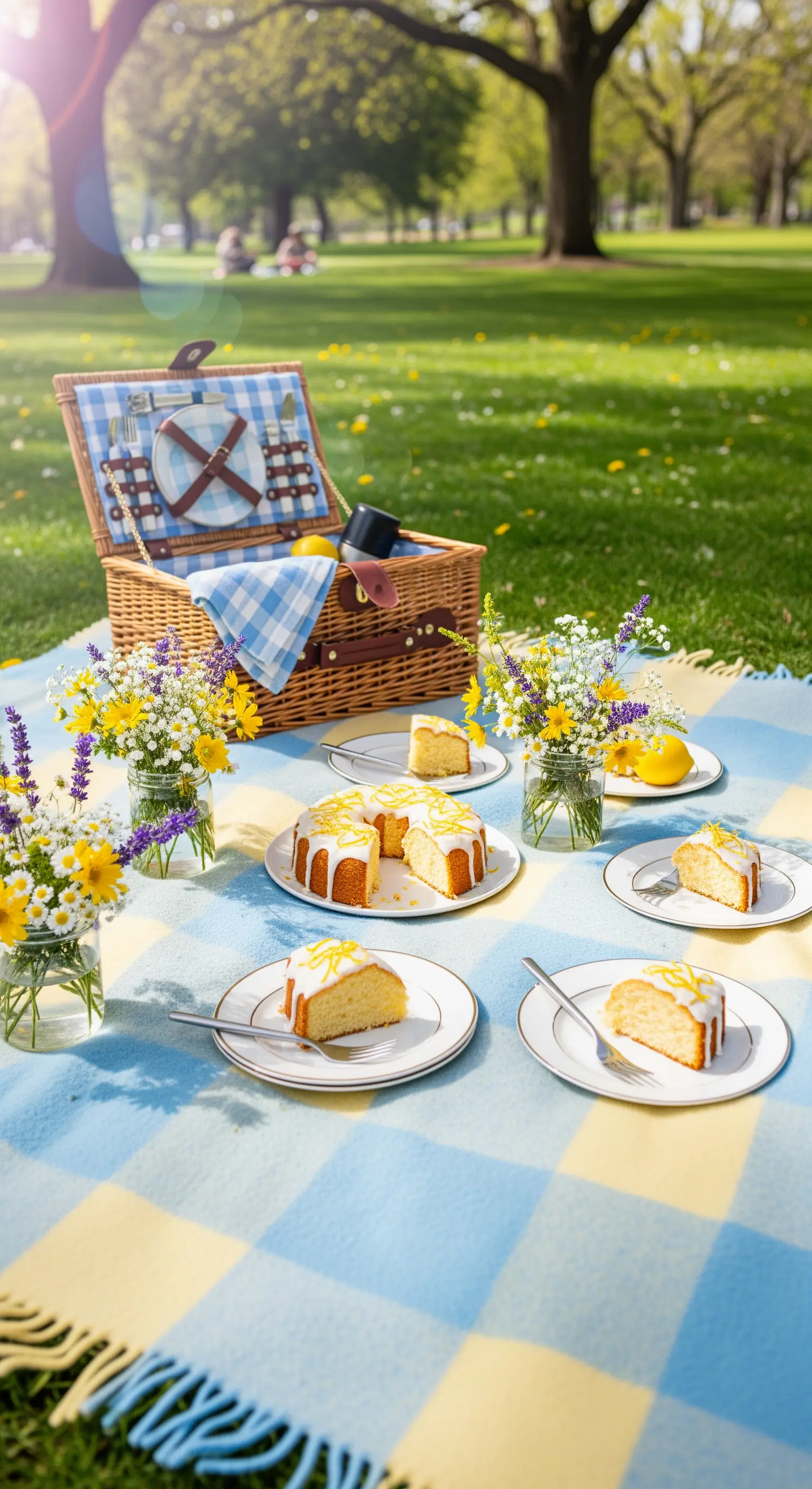 Picknick im Park mit blau-gelber Decke, Wiesenblumen, Zitronen-Kuchen und Picknickkorb