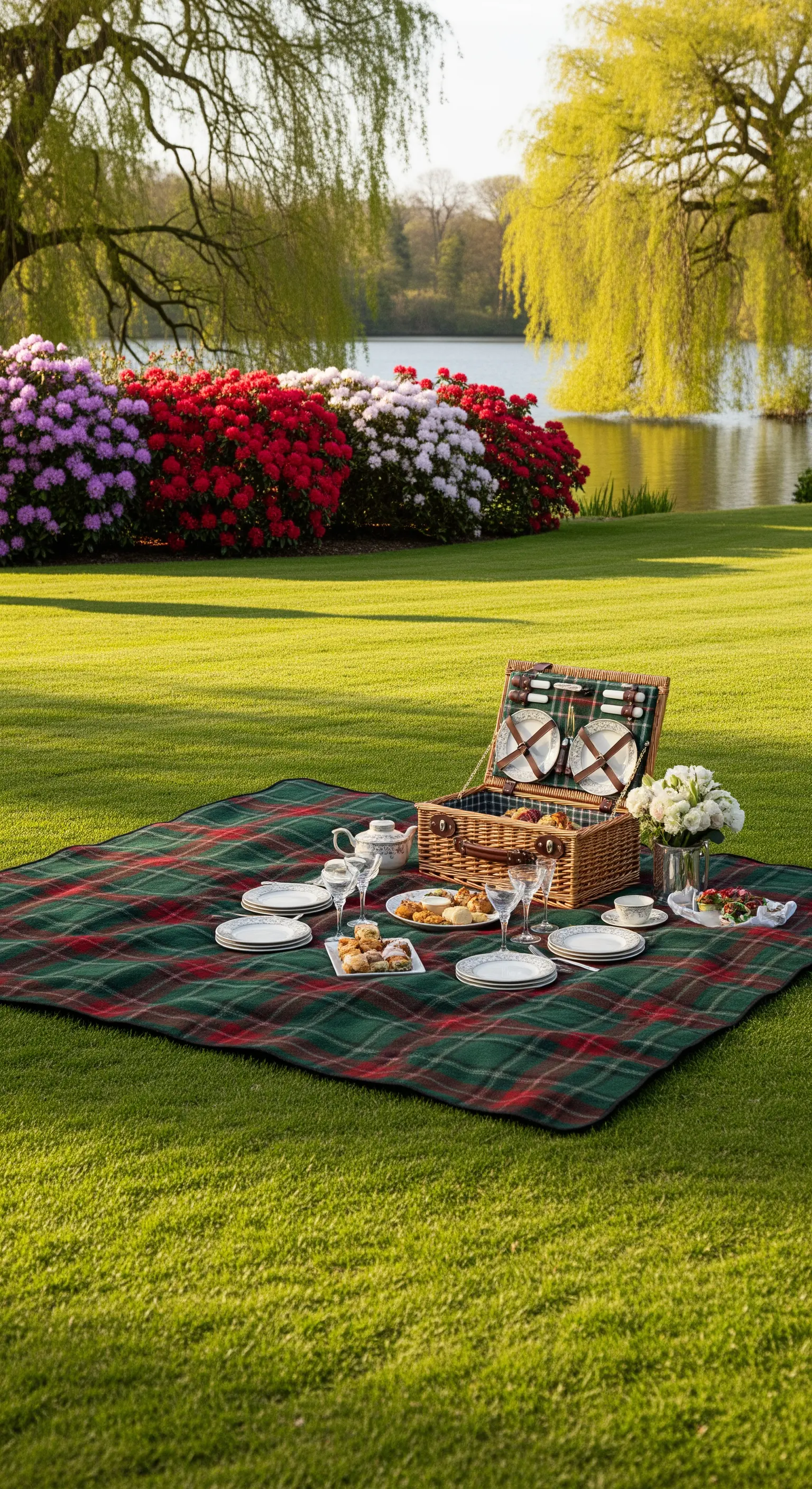 Klassisches Tartan-Picknick-Set auf weitläufigem Rasen mit Blumen und See im Hintergrund.
