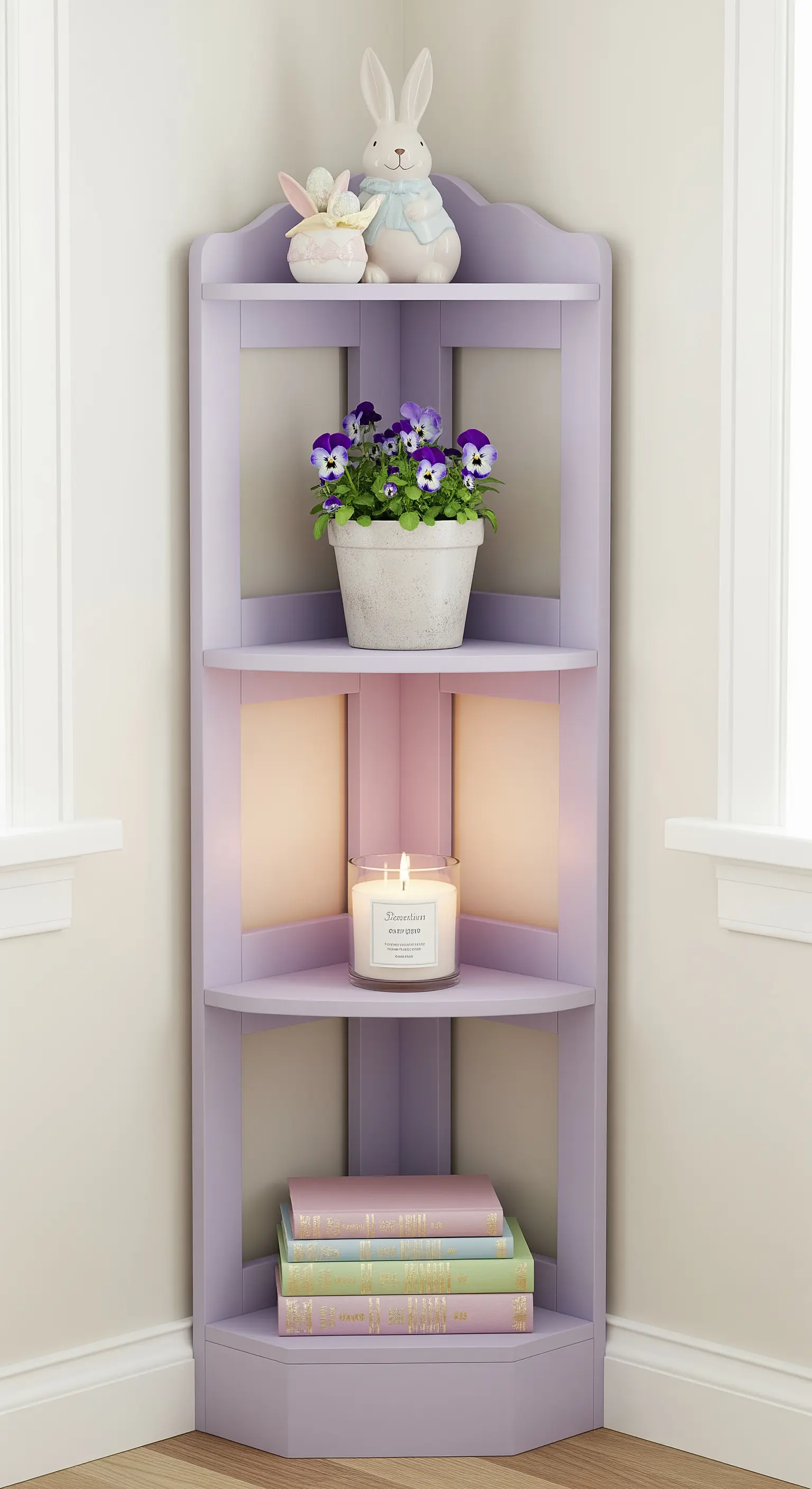 Lavendelfarbenes Eckregal mit Stiefmütterchen, Kerze und Büchern