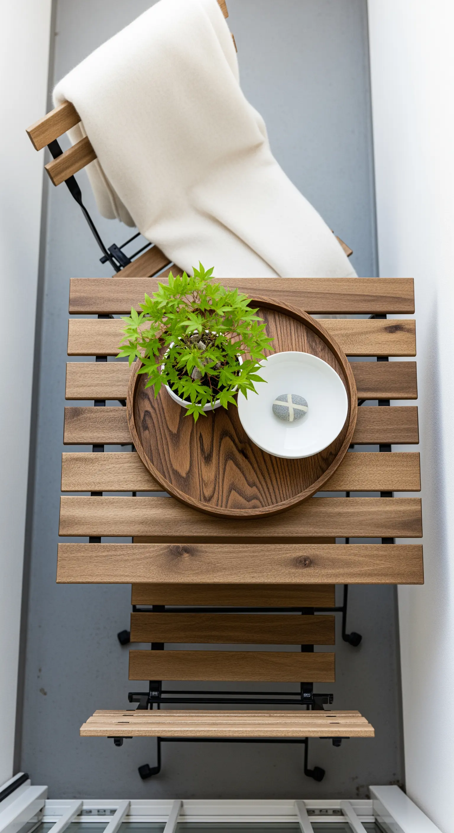 Klappbarer Holztisch mit Bonsai und Dekoschale, bequemer Stuhl