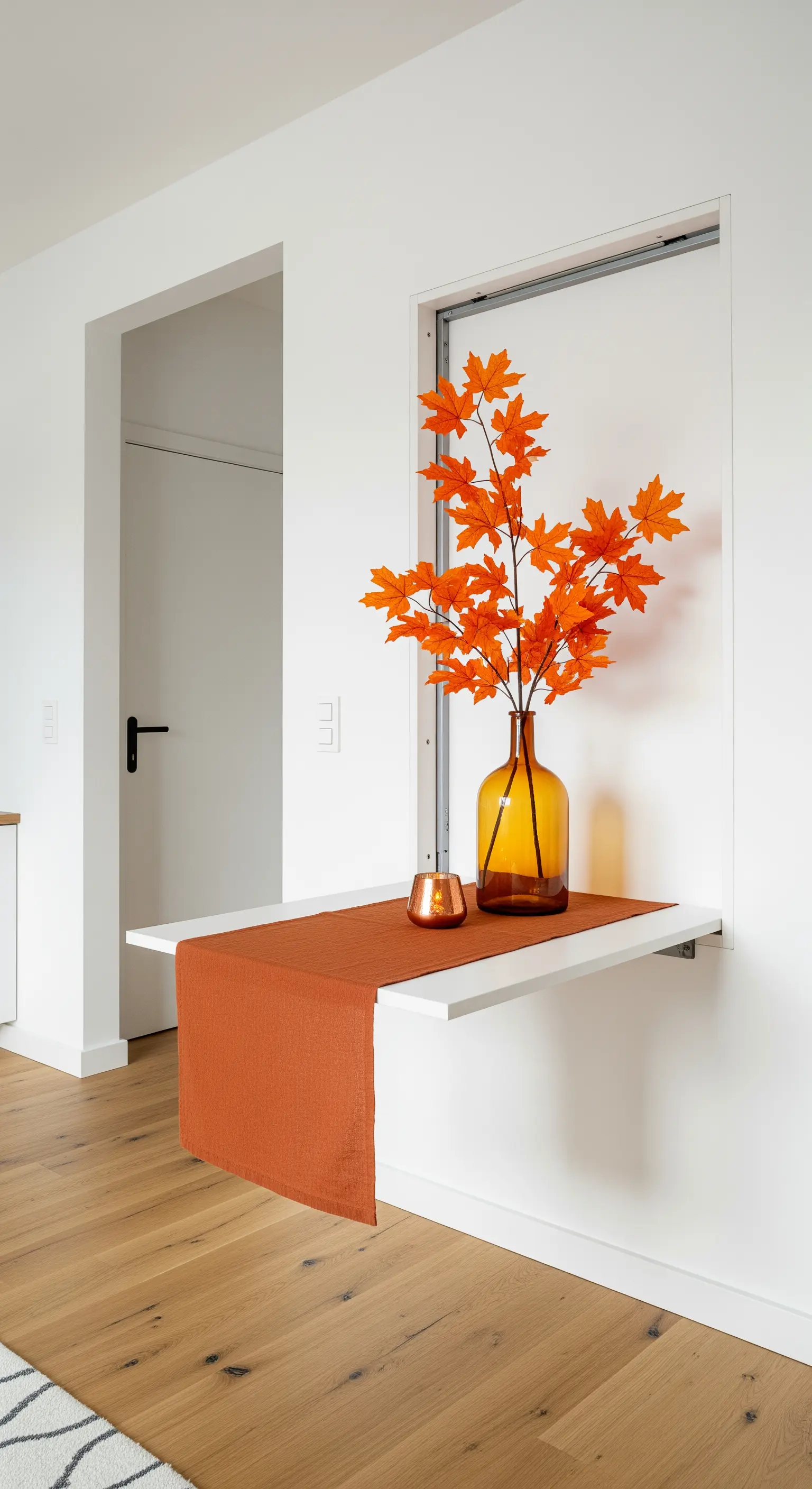 Wandtisch mit orangefarbenen Herbstblättern, Tischläufer.