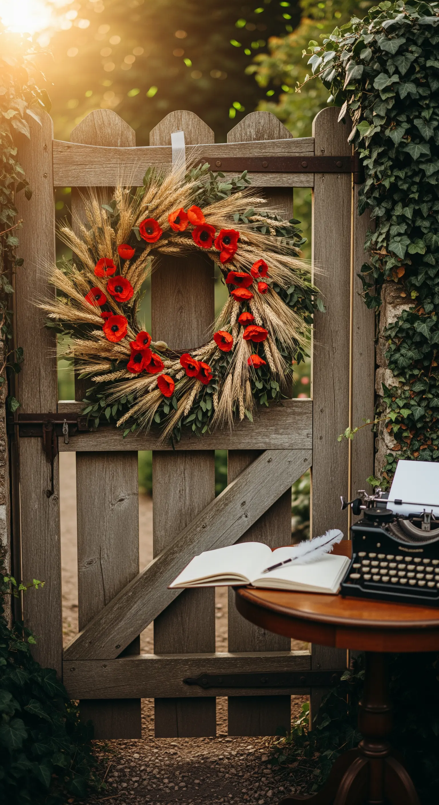 Holztor mit Weizen-Mohn-Kranz, Vintage-Schreibmaschine und Notizbuch im Garten