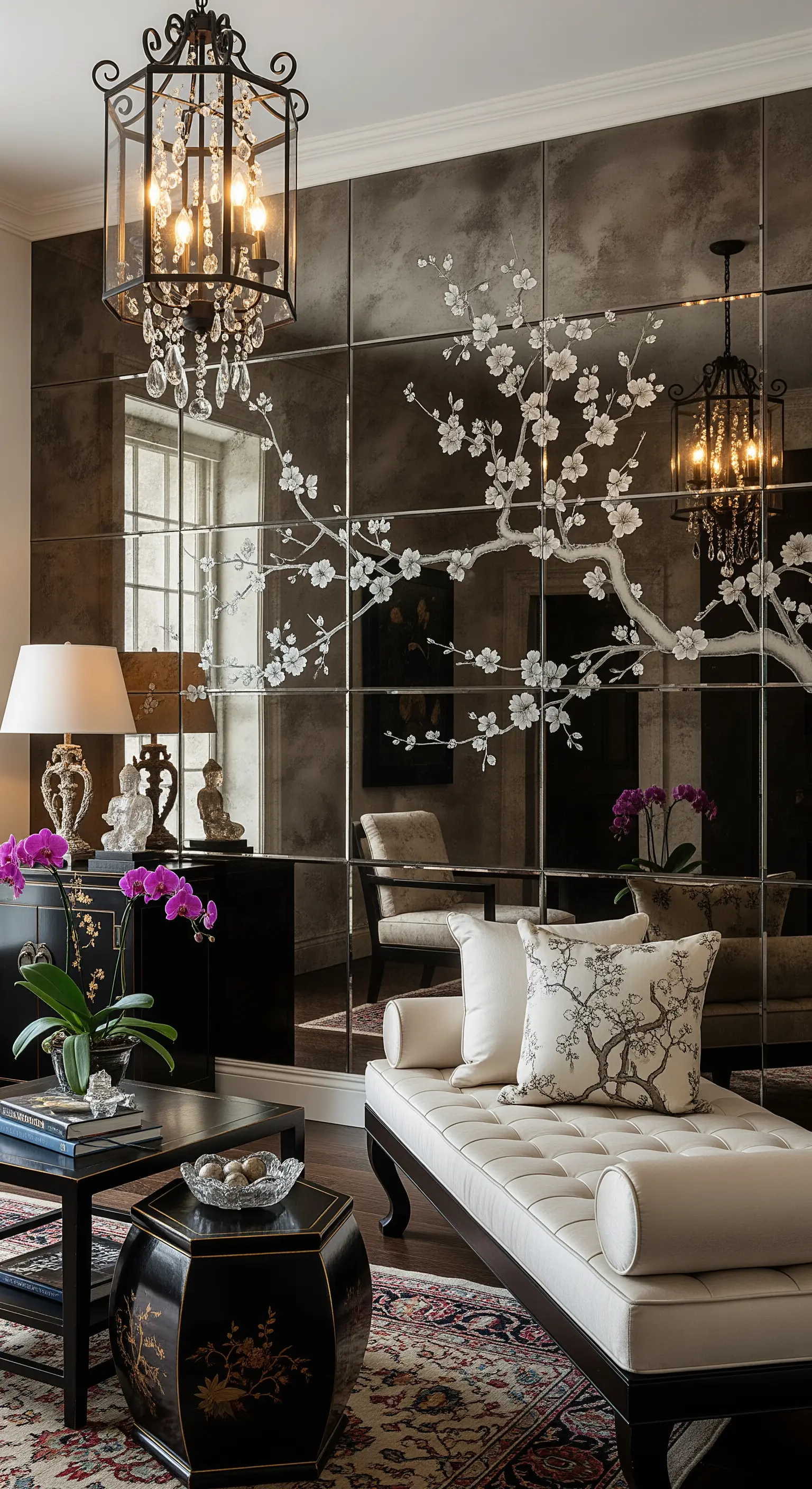 Getönte Spiegelwand mit einer geätzten Zeichnung eines Kirschblütenzweigs.