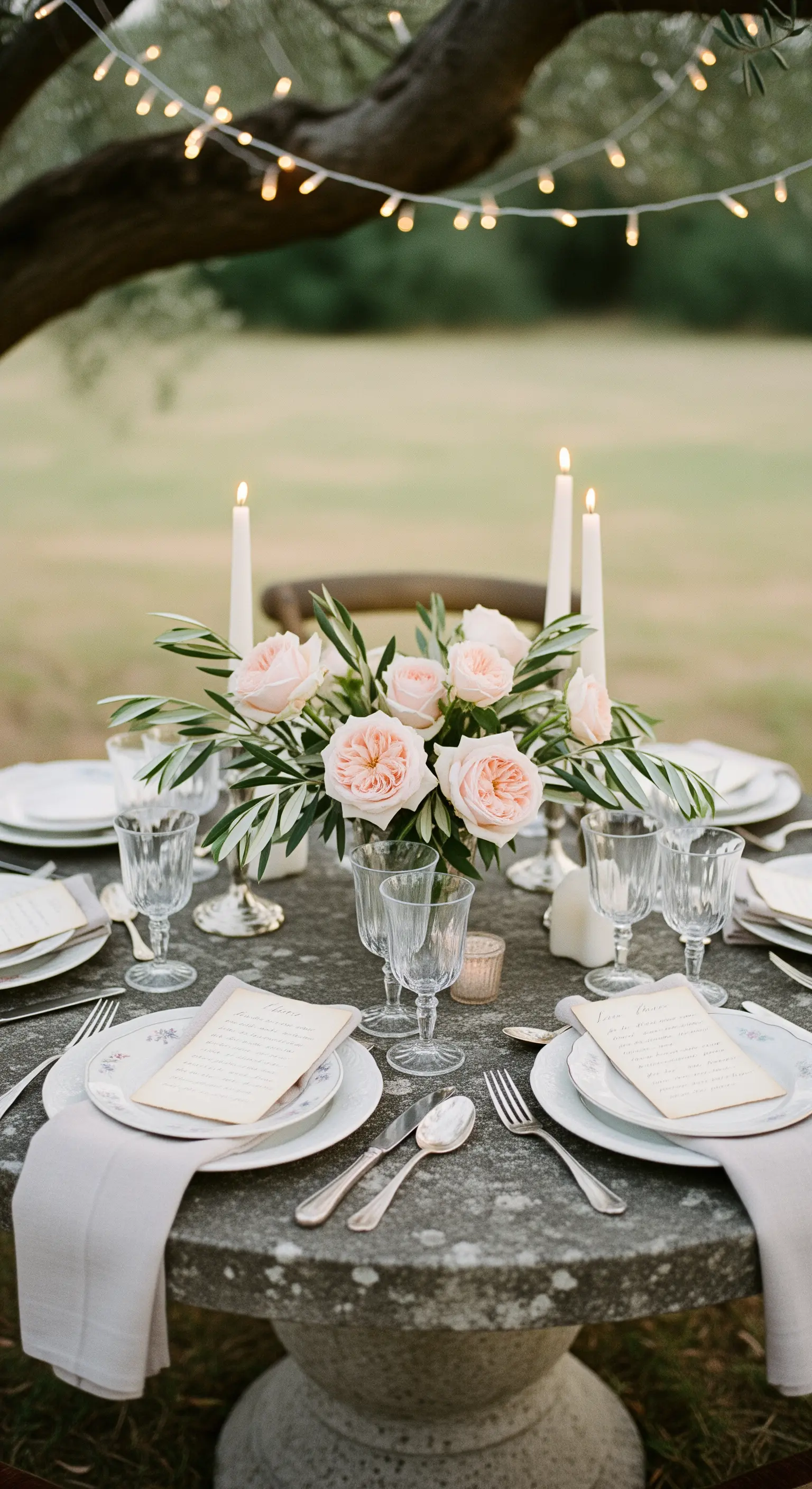 Runder Steintisch mit rosa Rosen, Olivenzweigen, Kerzen und handgeschriebenen Menüs.