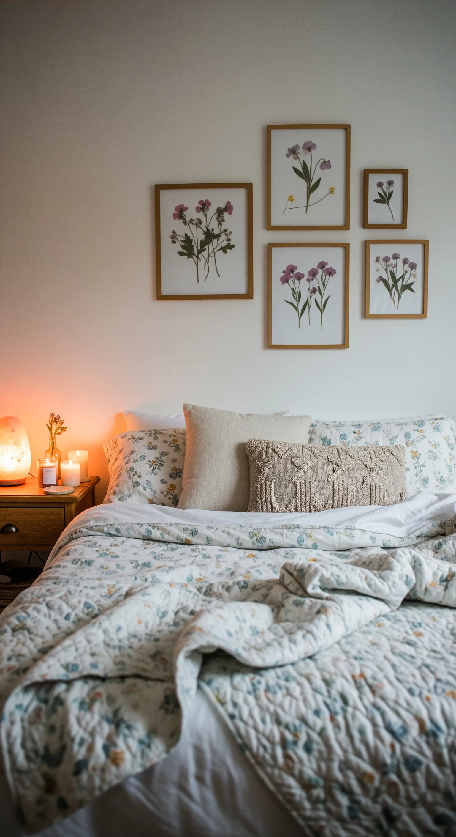 Galeriewand mit gerahmten, gepressten Blumen über einem Bett mit geblümter Bettwäsche.