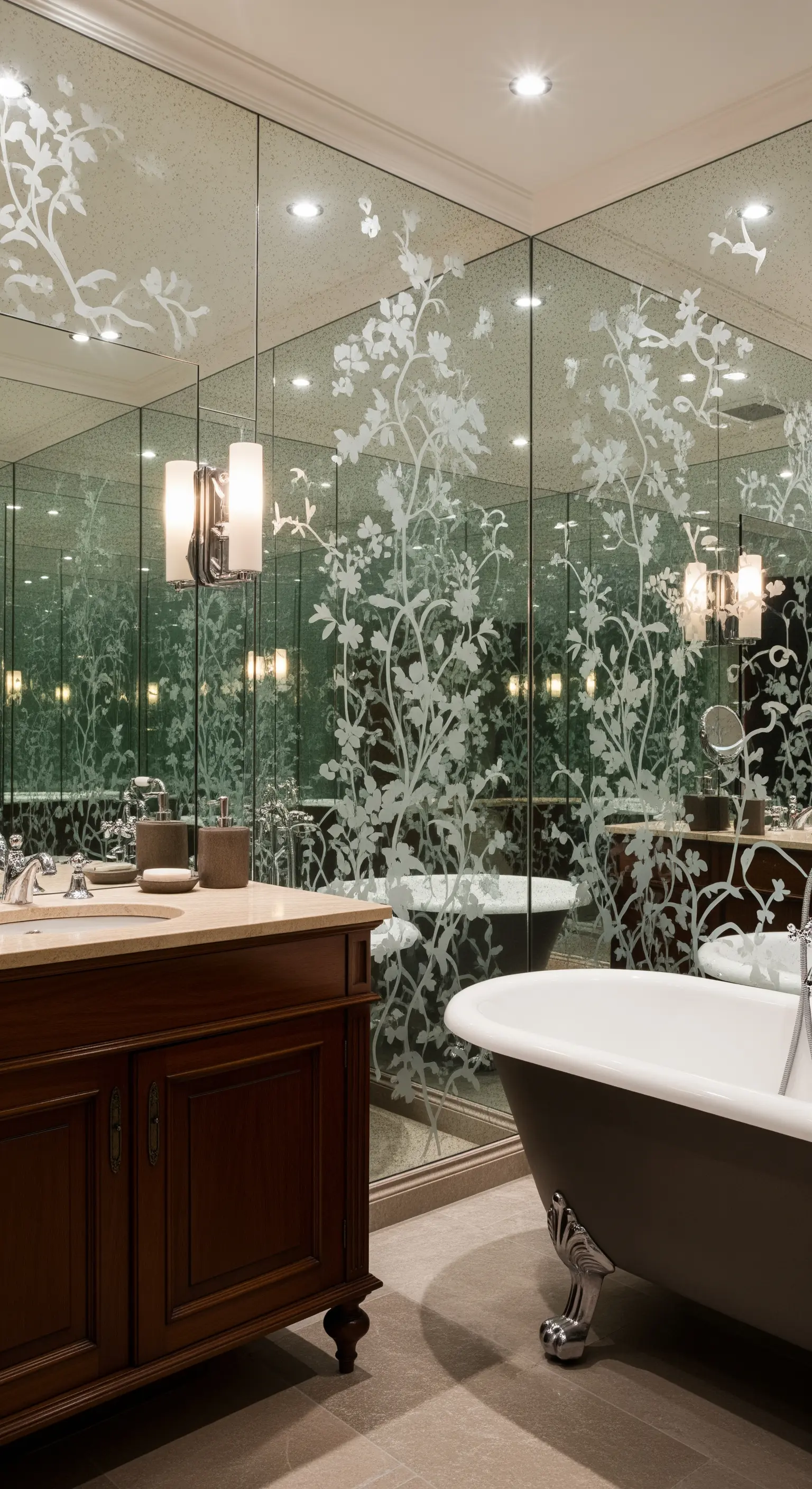 Badezimmer mit einer Spiegelwand, in die ein feines, sandgestrahltes Blumenmuster eingearbeitet ist.