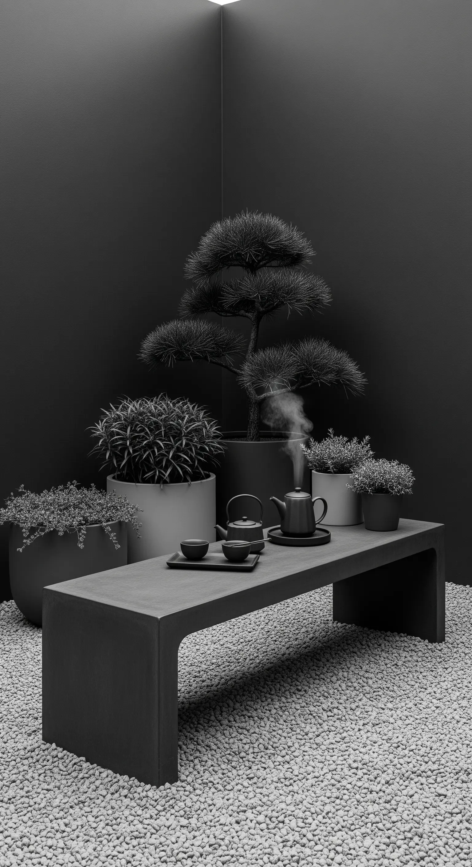 Monochrome graue Teeecke mit Betonbank und Pflanzen in verschiedenen Grautöpfen