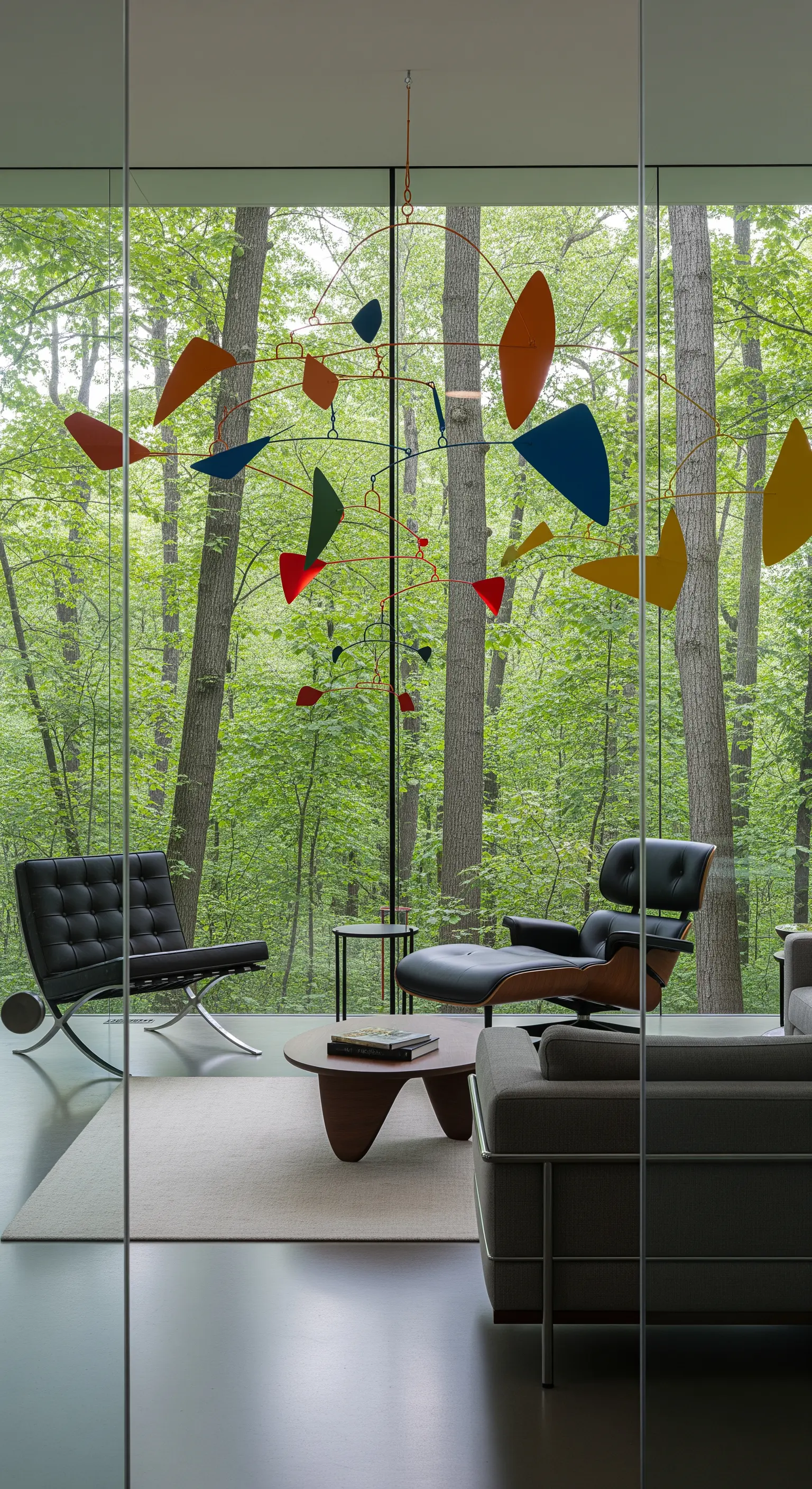 Farbenfrohes kinetisches Mobile, das vor einem deckenhohen Fenster mit Waldblick schwebt.