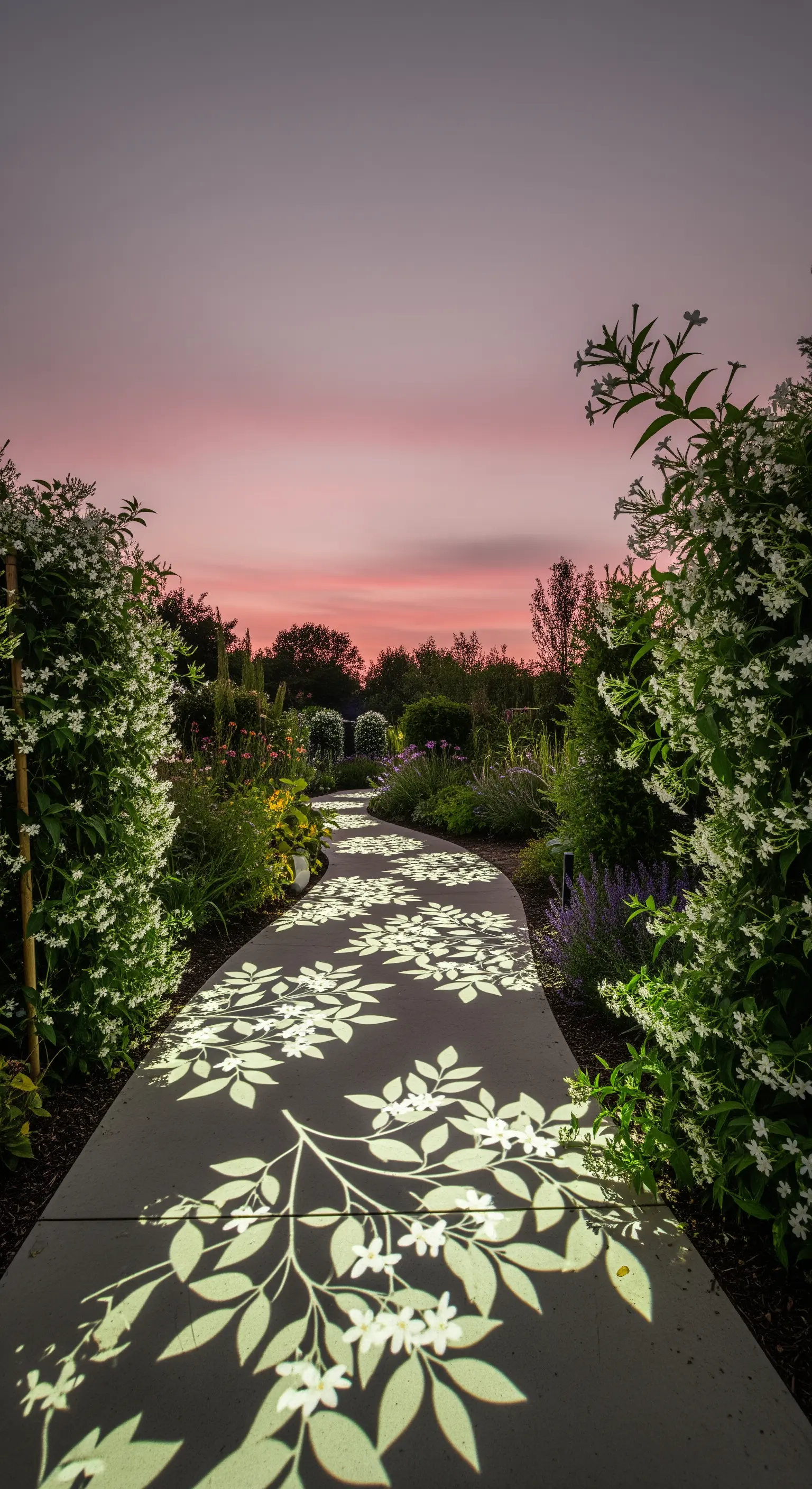 Auf einen Gartenweg projizierte Lichtmuster in Form von blühenden Zweigen.
