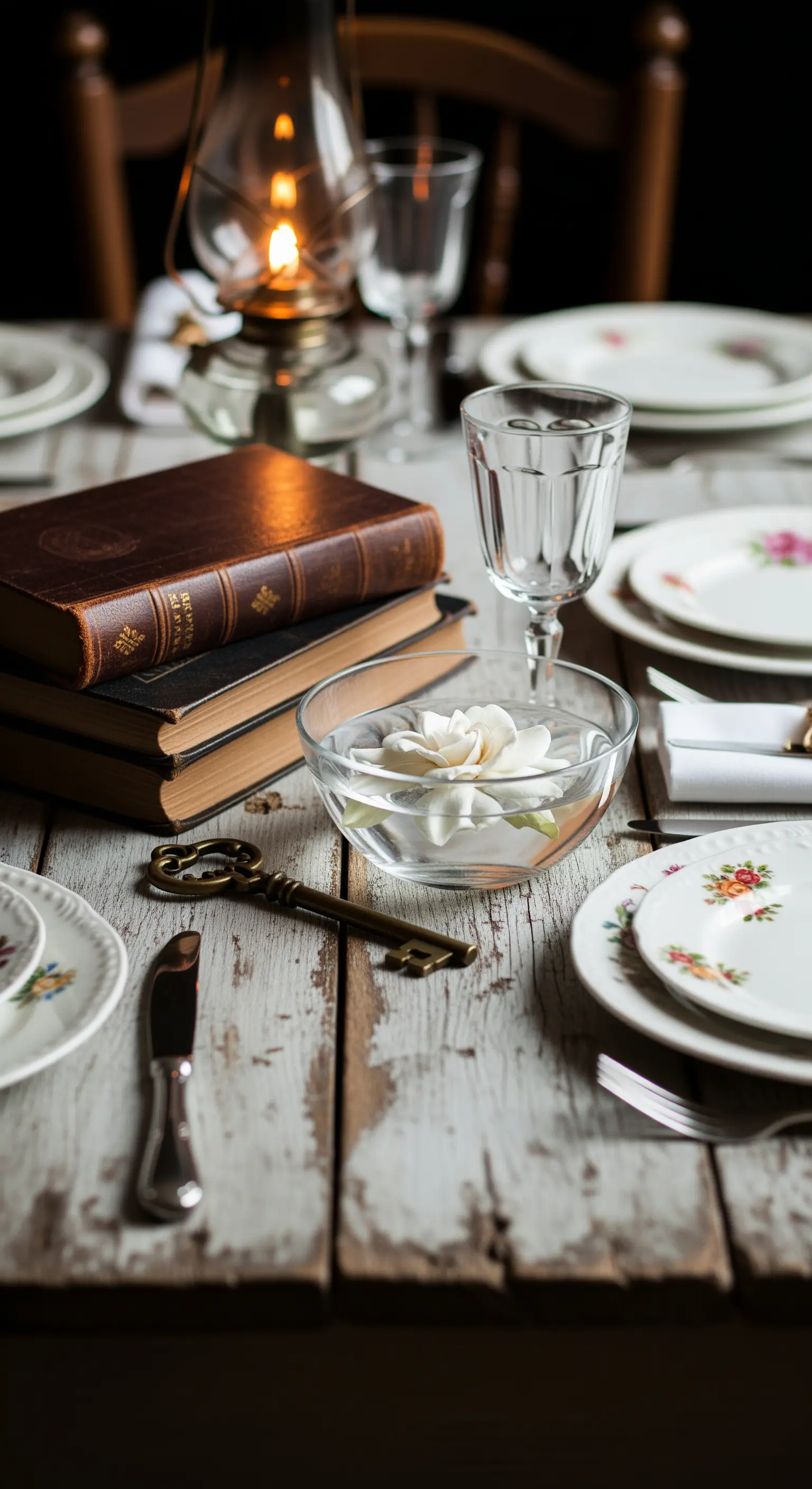 Vintage-Tischdeko mit alten Büchern, einem Schlüssel und einer Blüte in einer Wasserschale.